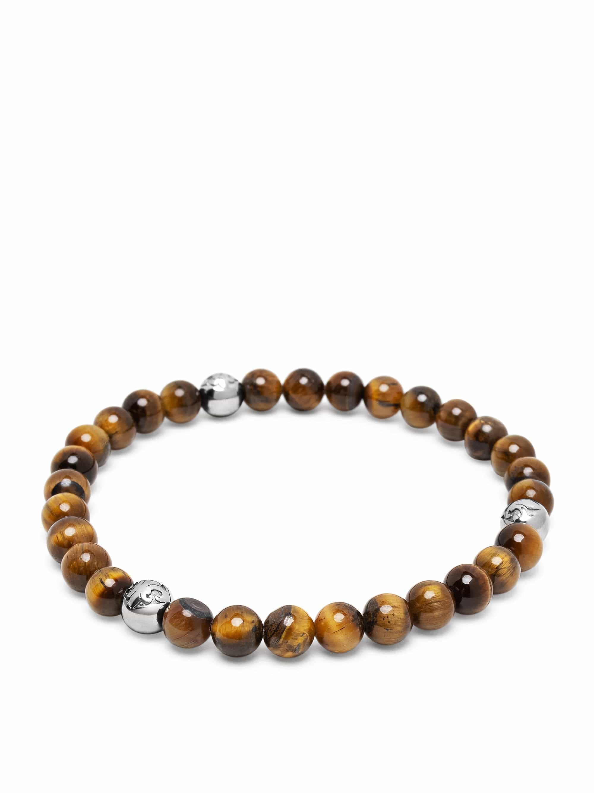 Nialaya Men's Beaded Bracelet 6mm Tiger Eye Bracelet with Silver Balls 6mm Tiger Eye Bracelet with Silver Balls