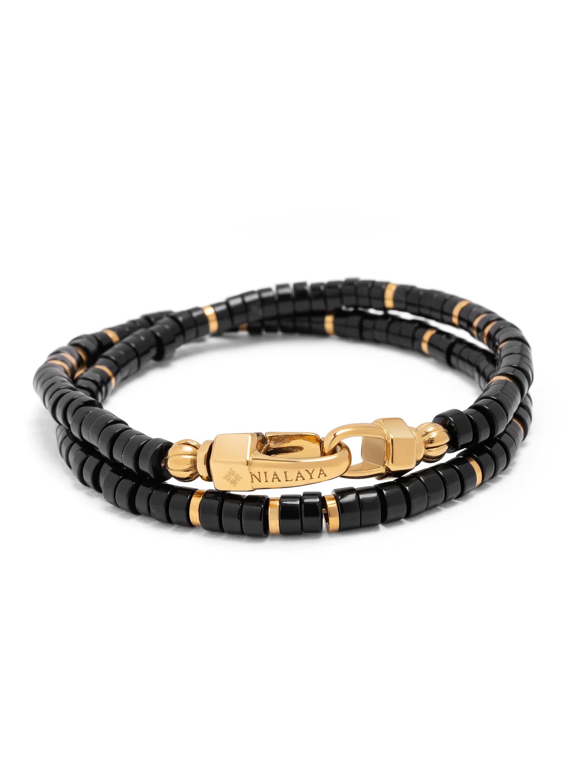 Nialaya Men's Beaded Bracelet Black Heishi Double Wrap Beaded Bracelet with Gold Black Heishi Double Wrap Beaded Bracelet with Gold