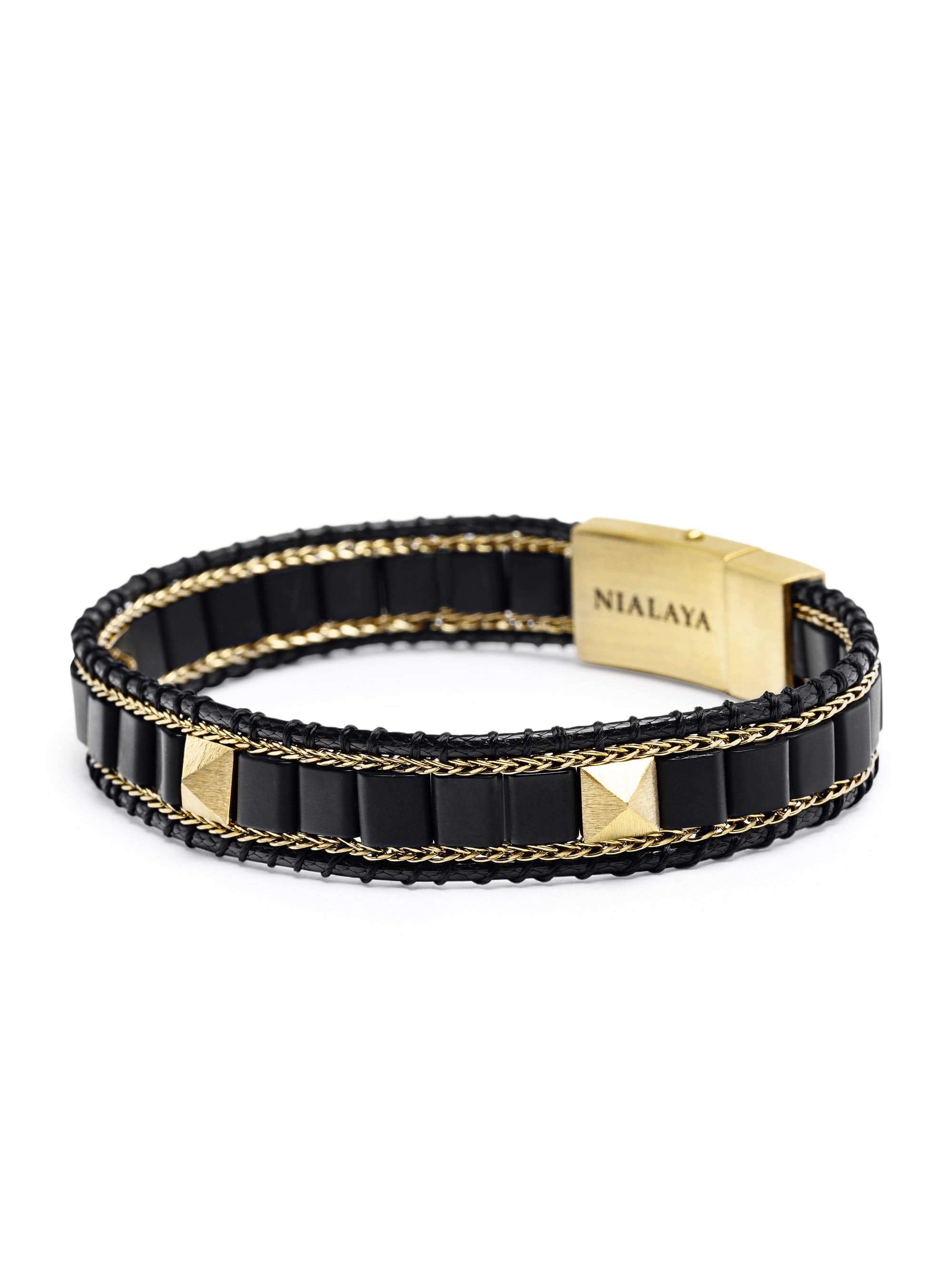 Nialaya Men's Beaded Bracelet Black Onyx Stud Bracelet Black Onyx Stud Bracelet