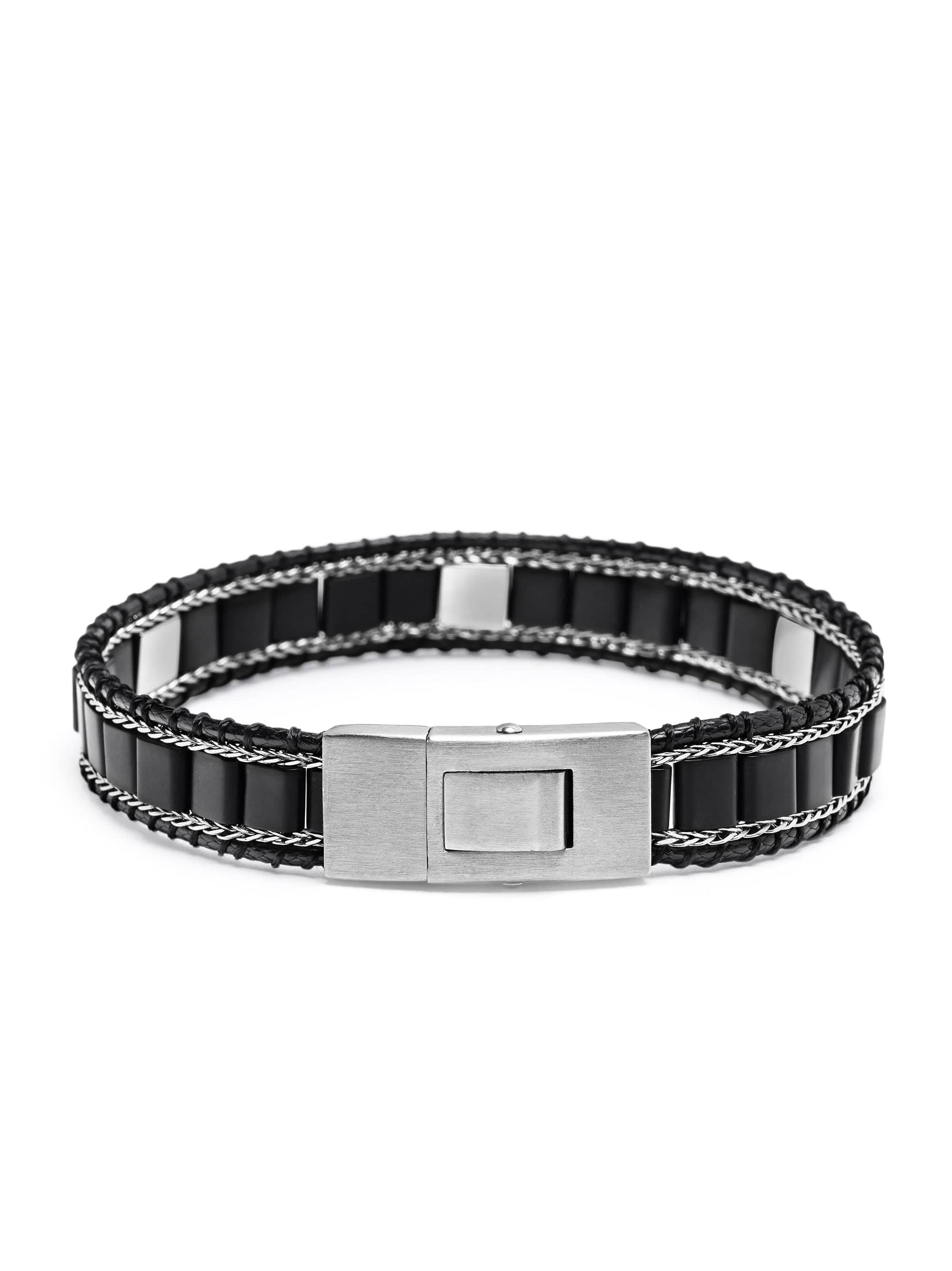Nialaya Men's Beaded Bracelet Black Onyx Stud Bracelet with Silver Lock Black Onyx Stud Bracelet with Silver Lock