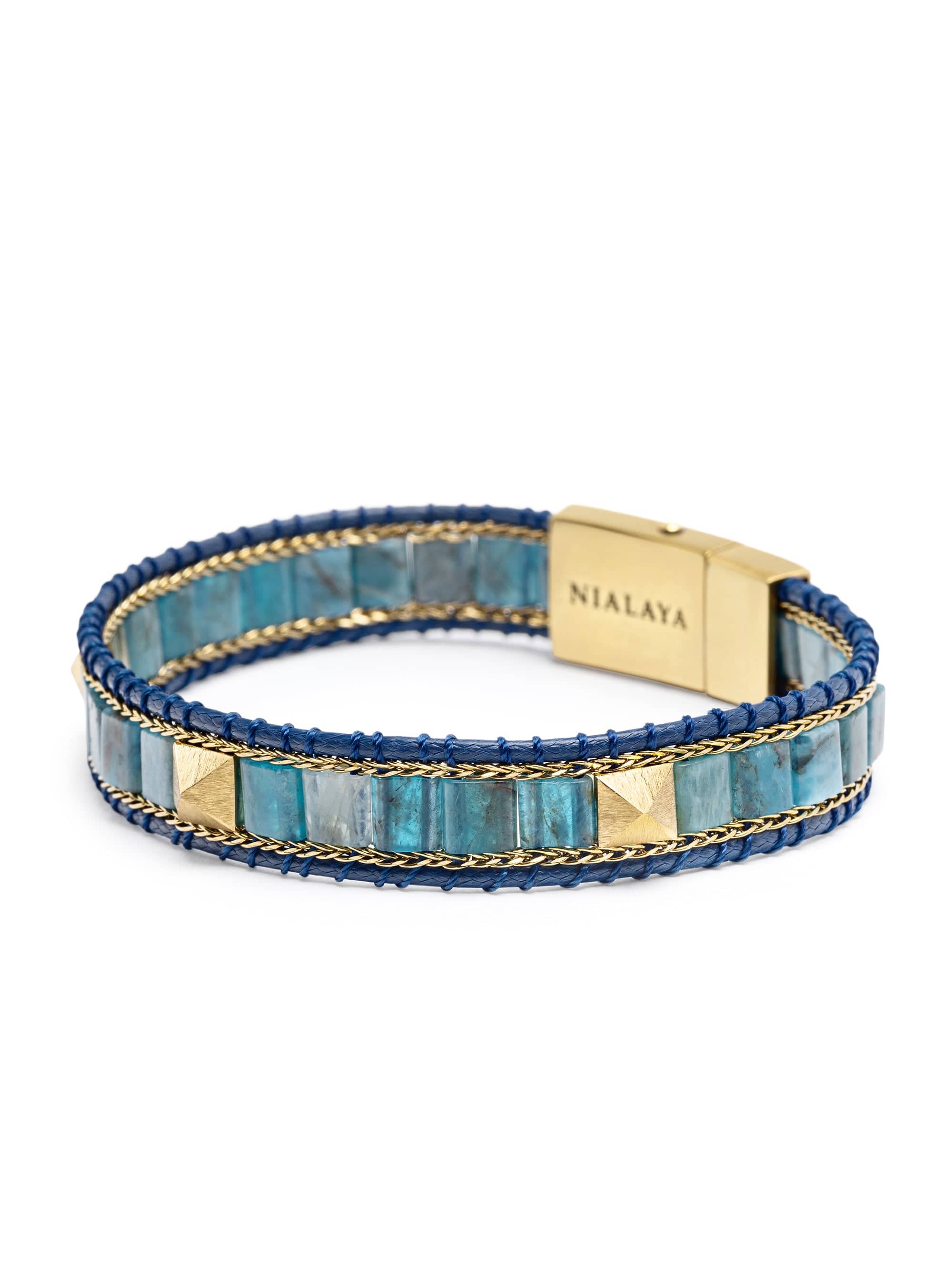 Nialaya Men's Beaded Bracelet Blue Apatite Stud Bracelet Blue Apatite Stud Bracelet