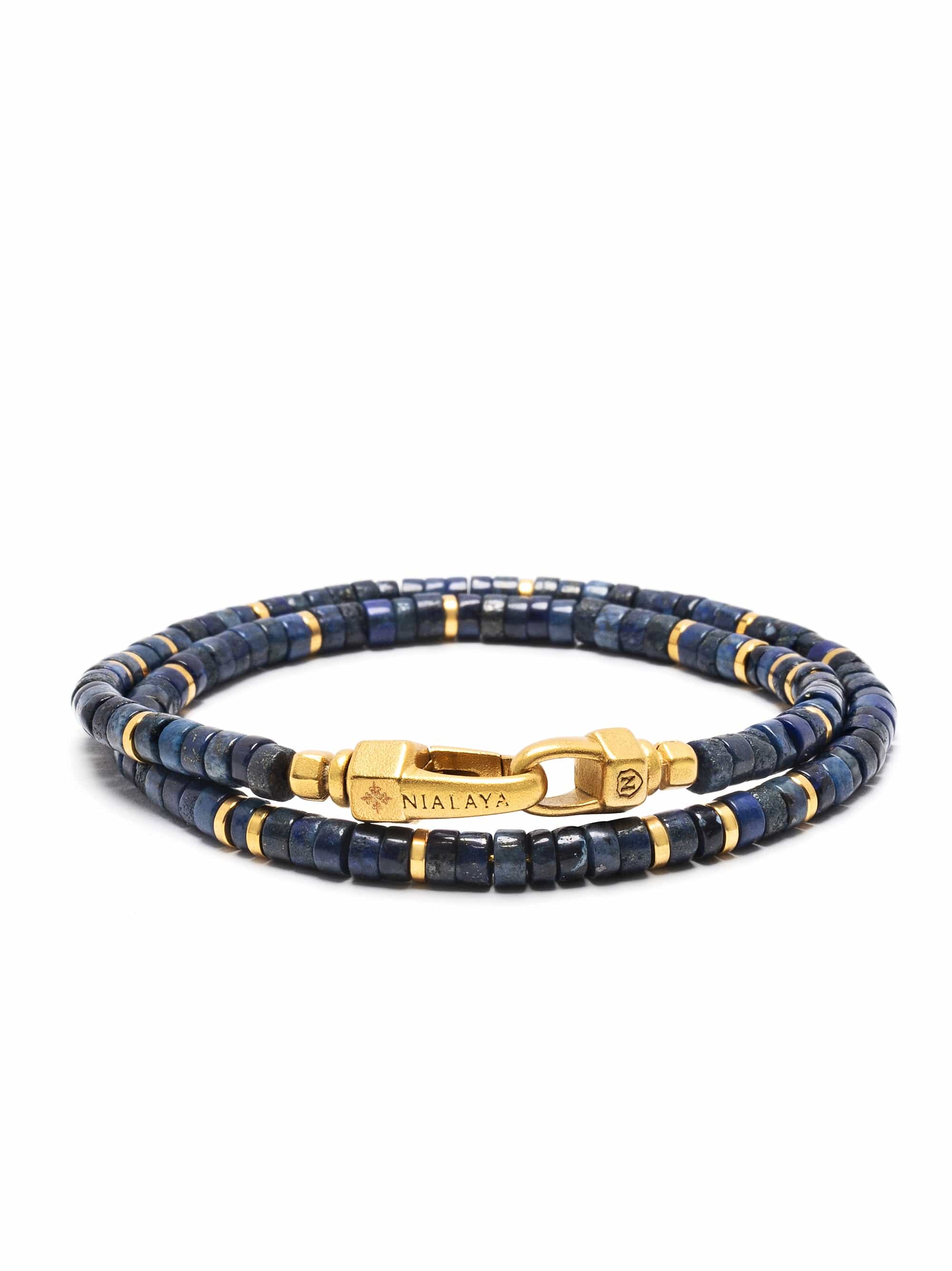 Nialaya Men's Beaded Bracelet Blue Lapis Heishi Wrap Bracelet with Gold Lock Blue Lapis Heishi Wrap Bracelet with Gold Lock