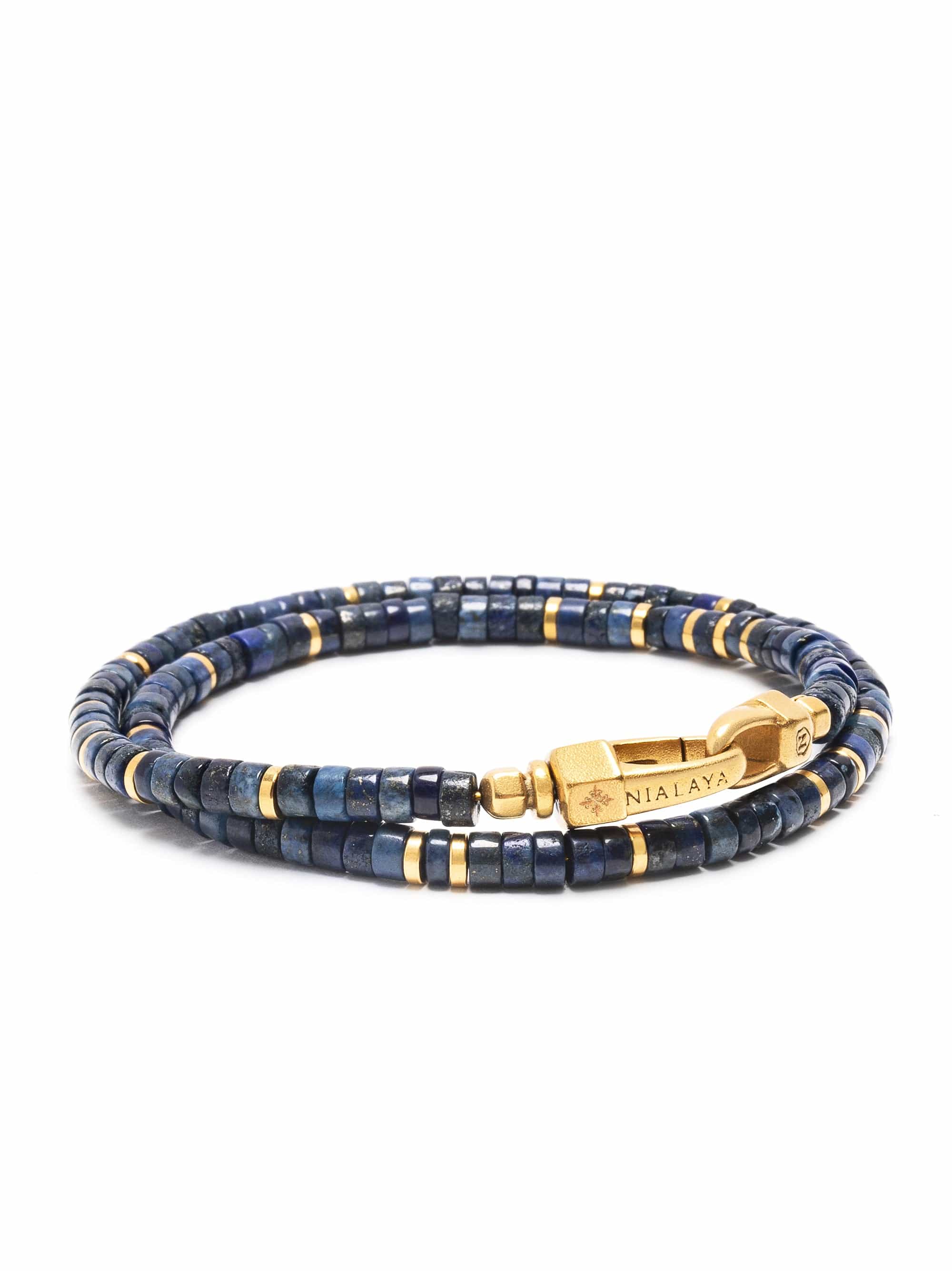 Nialaya Men's Beaded Bracelet Blue Lapis Heishi Wrap Bracelet with Gold Lock Blue Lapis Heishi Wrap Bracelet with Gold Lock