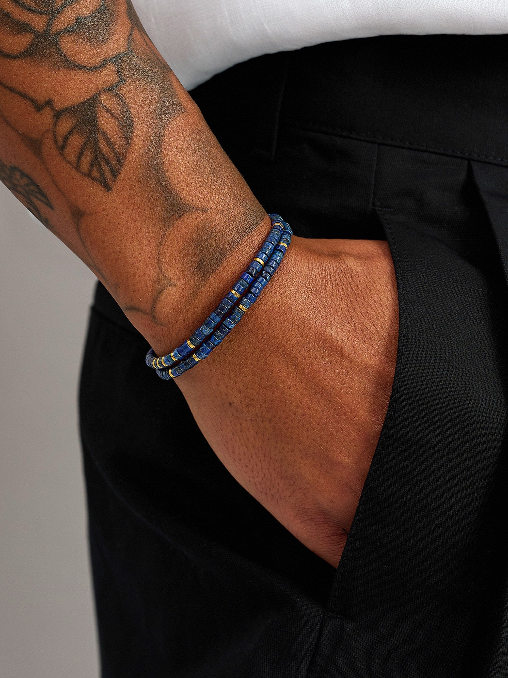 Nialaya Men's Beaded Bracelet Blue Lapis Heishi Wrap Bracelet with Gold Lock Blue Lapis Heishi Wrap Bracelet with Gold Lock