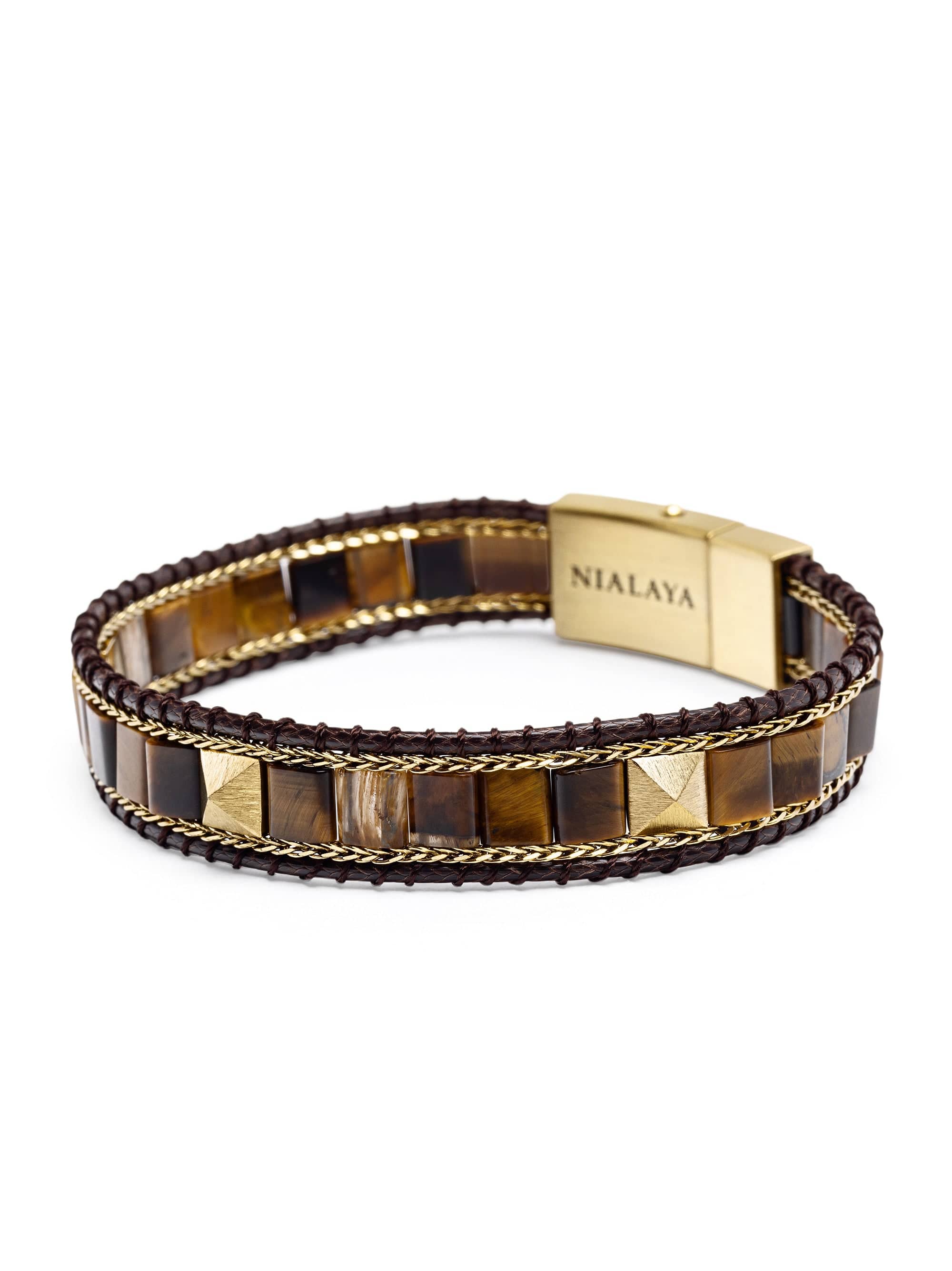 Nialaya Men's Beaded Bracelet Brown Tiger Eye Stud Bracelet Brown Tiger Eye Stud Bracelet