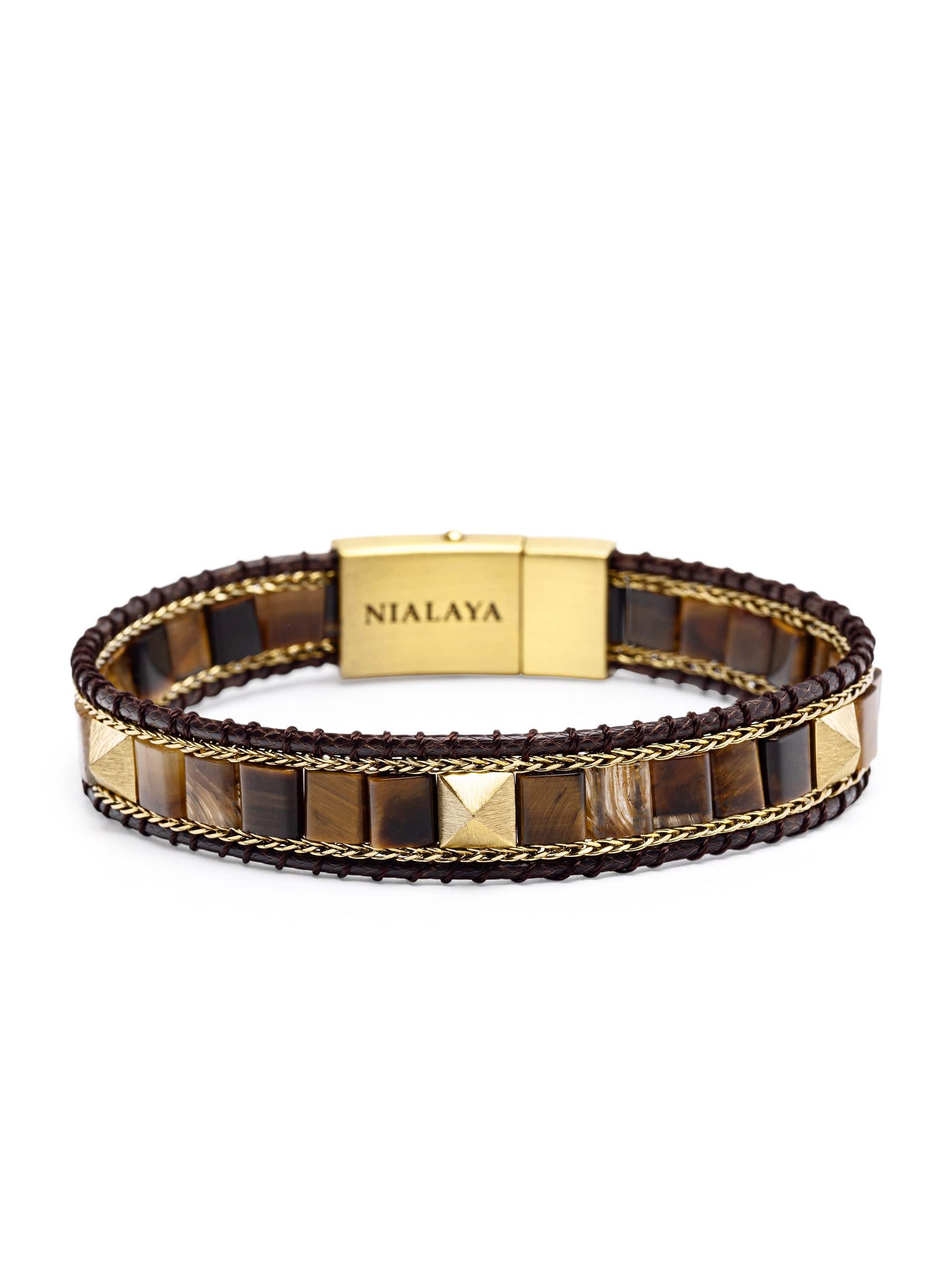 Nialaya Men's Beaded Bracelet Brown Tiger Eye Stud Bracelet Brown Tiger Eye Stud Bracelet