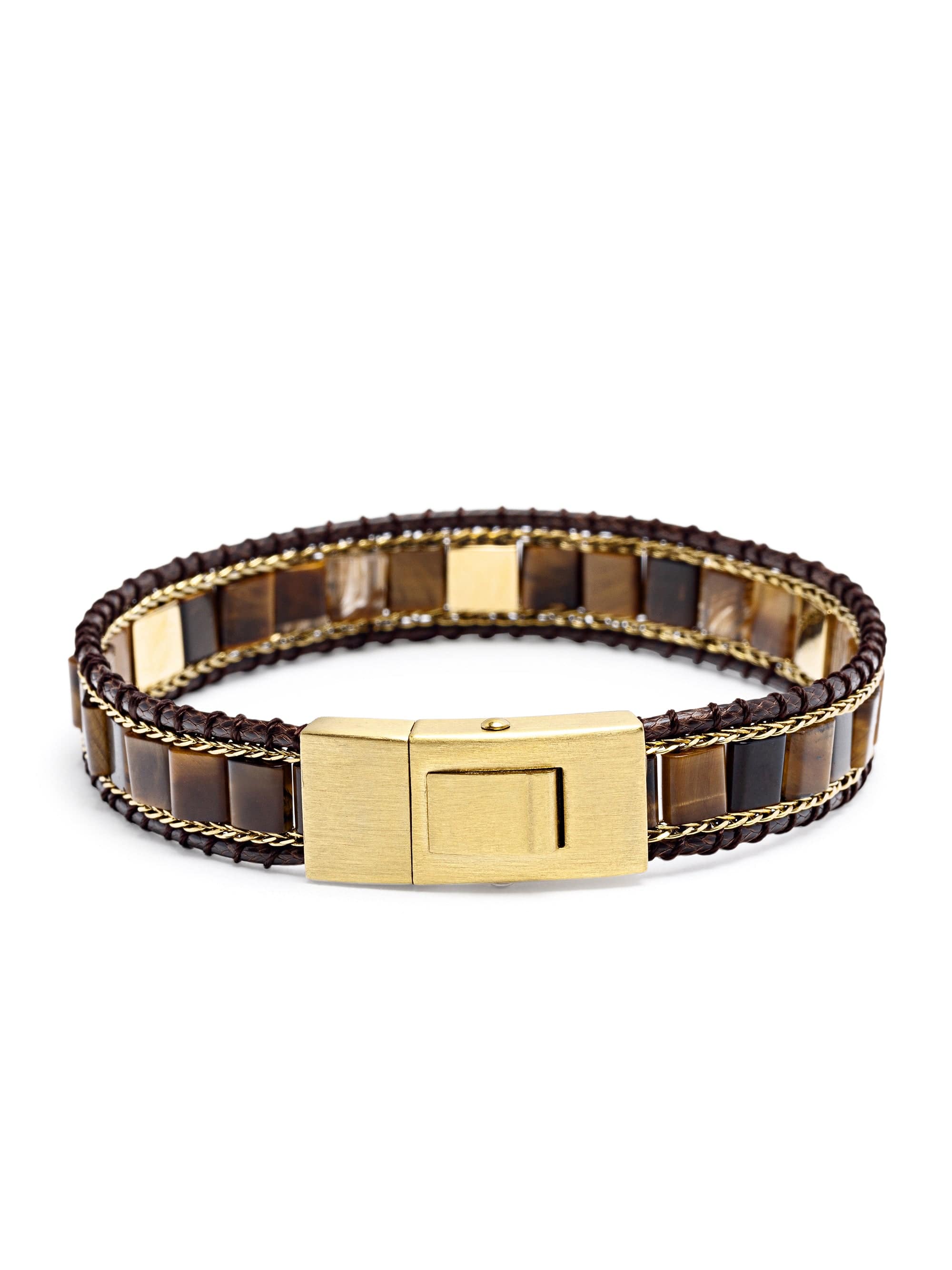 Nialaya Men's Beaded Bracelet Brown Tiger Eye Stud Bracelet Brown Tiger Eye Stud Bracelet