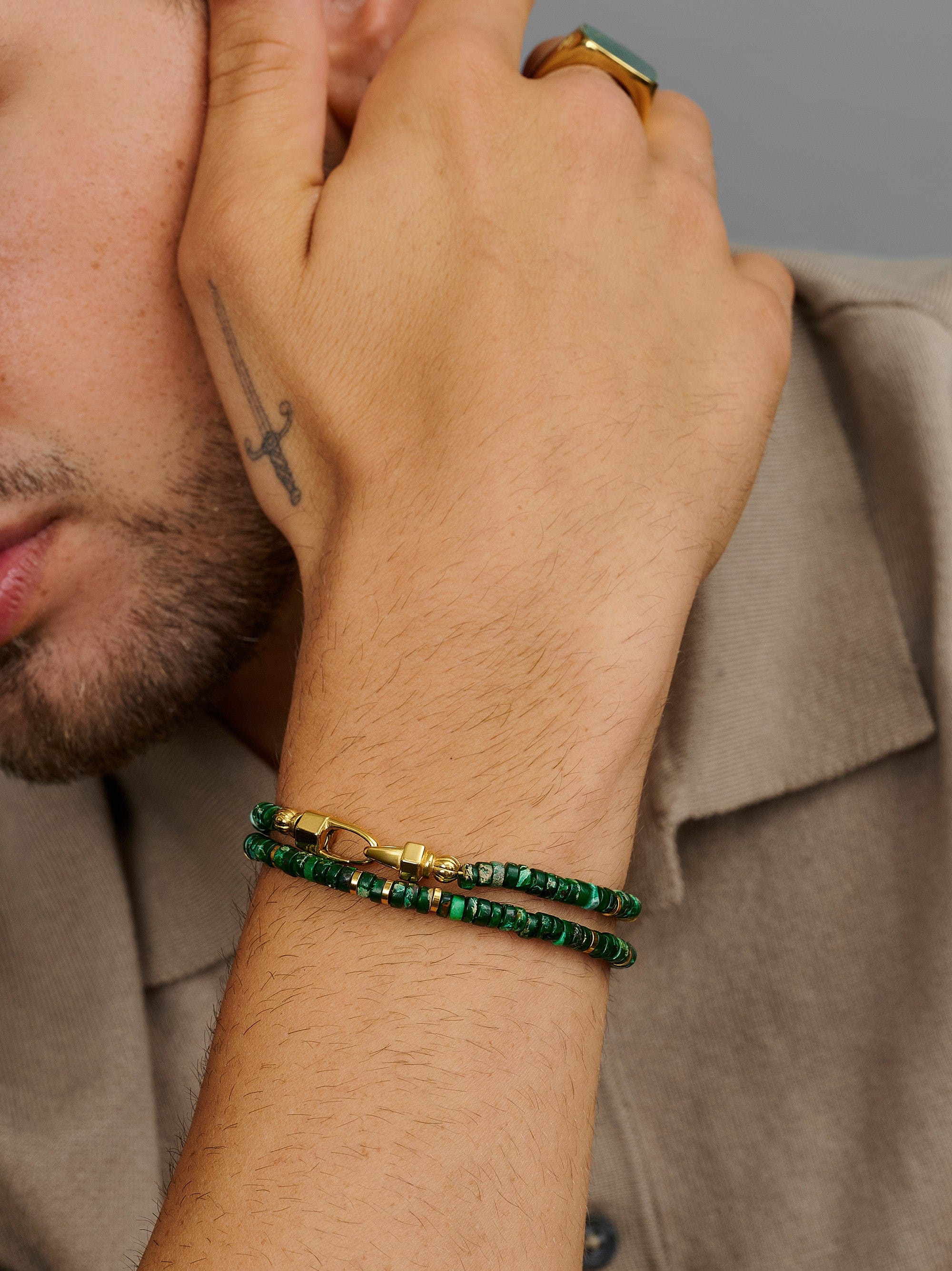 Nialaya Men's Beaded Bracelet Dark Green Heishi Double Wrap Beaded Bracelet with Gold Dark Green Heishi Double Wrap Beaded Bracelet with Gold