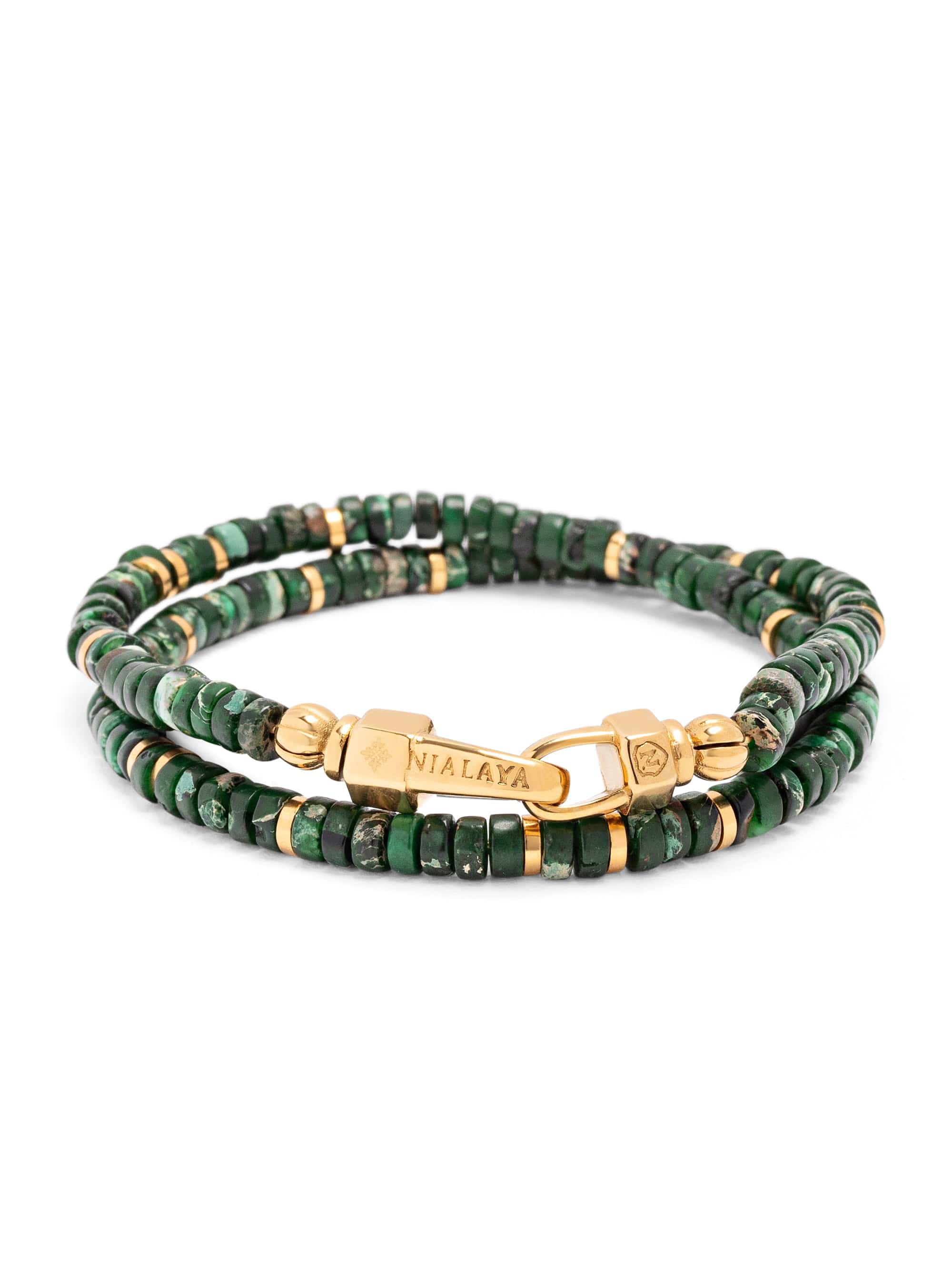 Nialaya Men's Beaded Bracelet Dark Green Heishi Double Wrap Beaded Bracelet with Gold Dark Green Heishi Double Wrap Beaded Bracelet with Gold