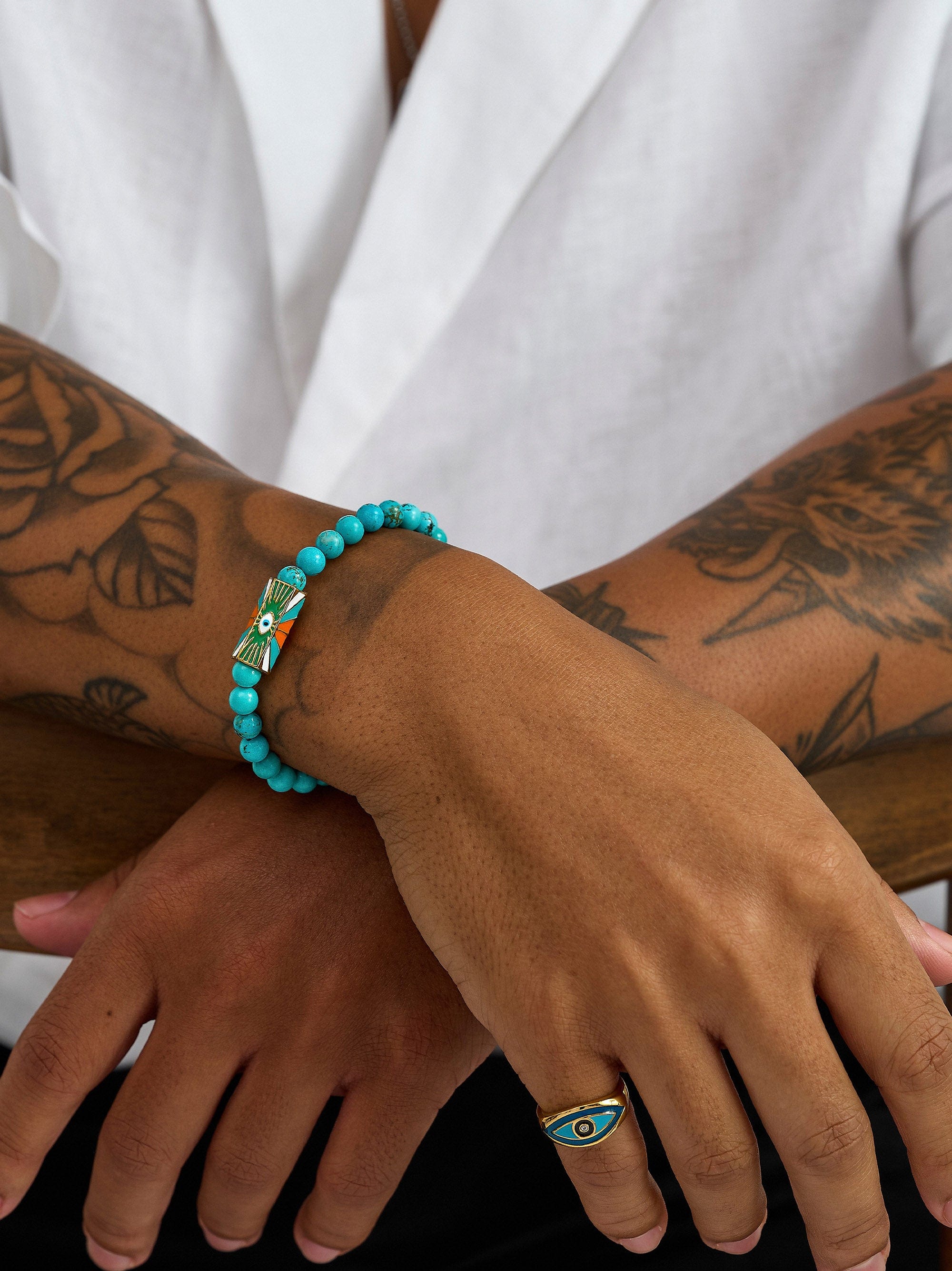 Nialaya Men's Beaded Bracelet Evil Eye Turquoise Bracelet Evil Eye Turquoise Bracelet