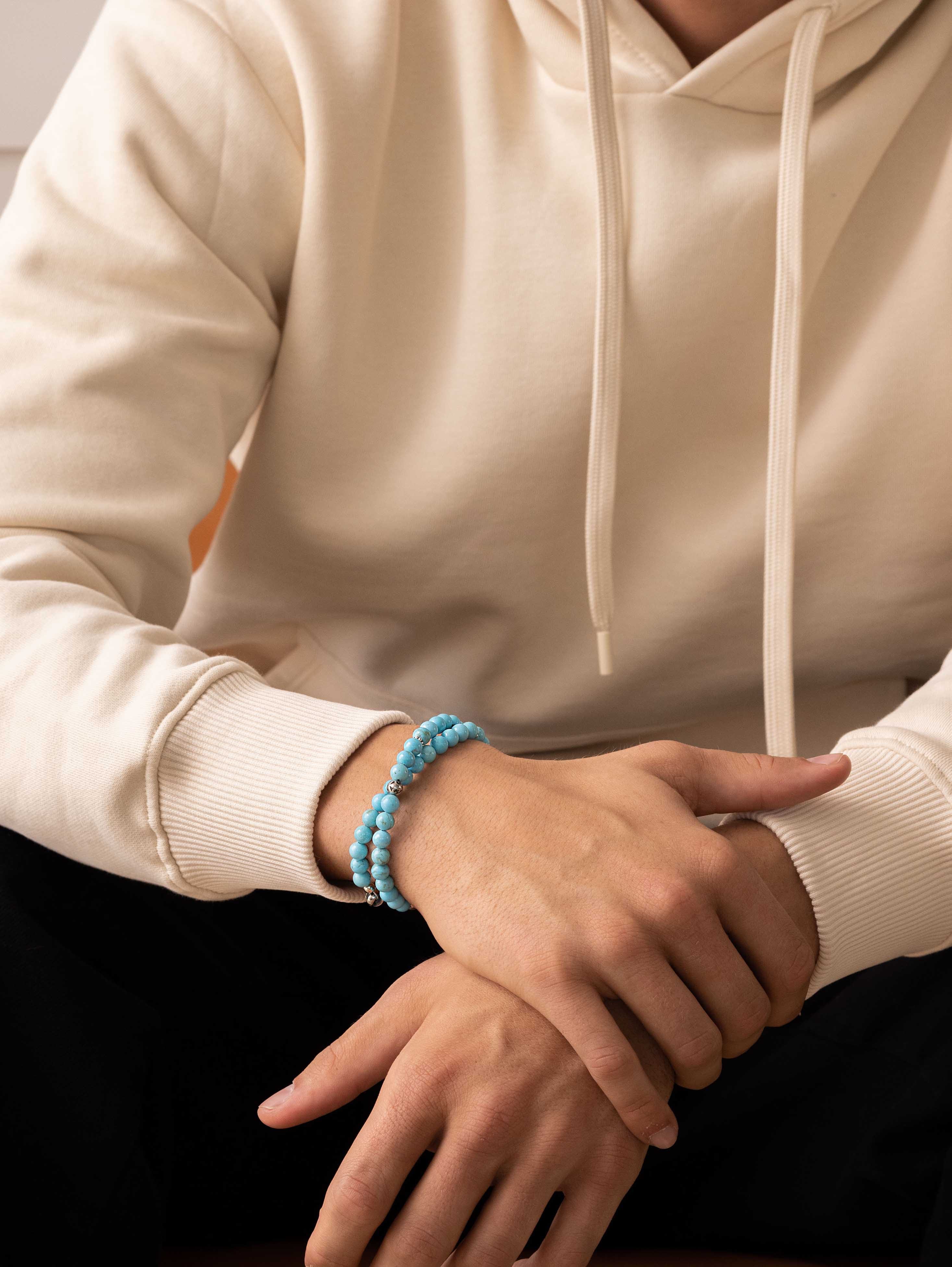 Nialaya Men's Beaded Bracelet Men's Adorned Silver Wrap Around Bracelet with Turquoise