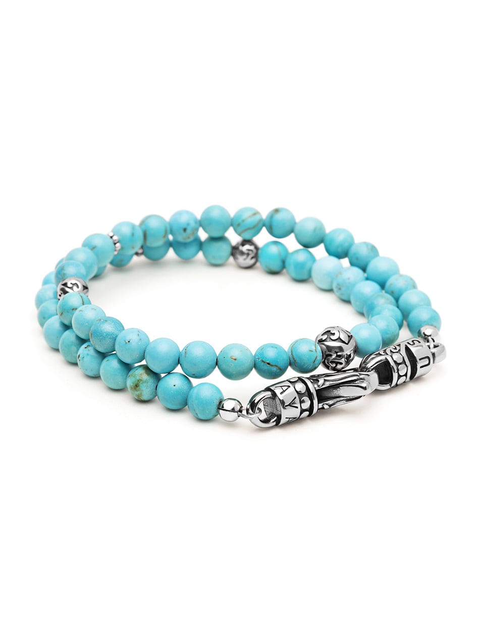 Nialaya Men's Beaded Bracelet Men's Adorned Silver Wrap Around Bracelet with Turquoise