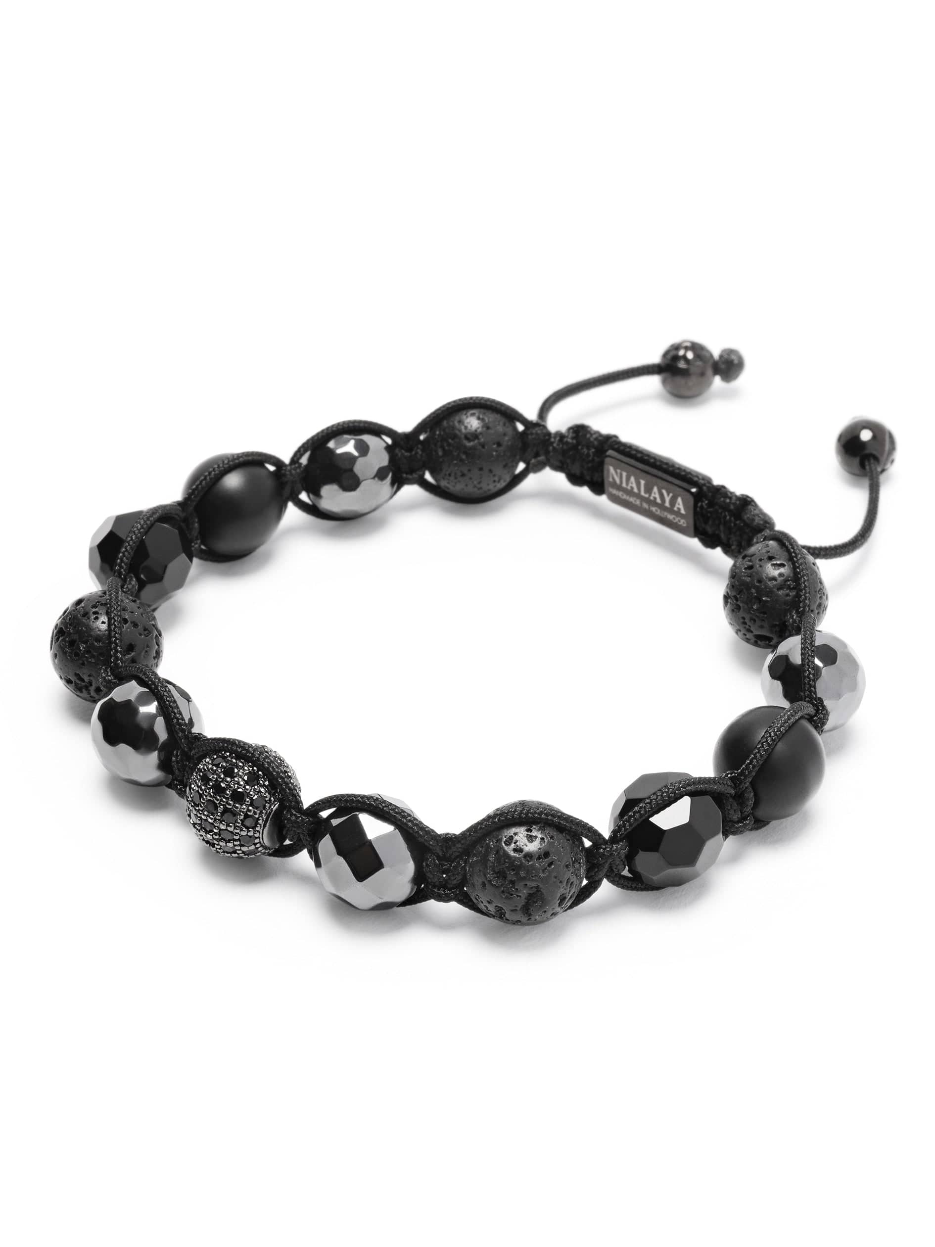 Nialaya Men's Beaded Bracelet Men's Beaded Bracelet with Black CZ Diamond, Lava Stone, Matte Onyx, and Agate