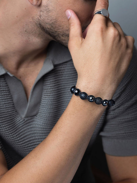 Beaded Bracelet with Black CZ Stones, Lava Stone, Matte Onyx, and