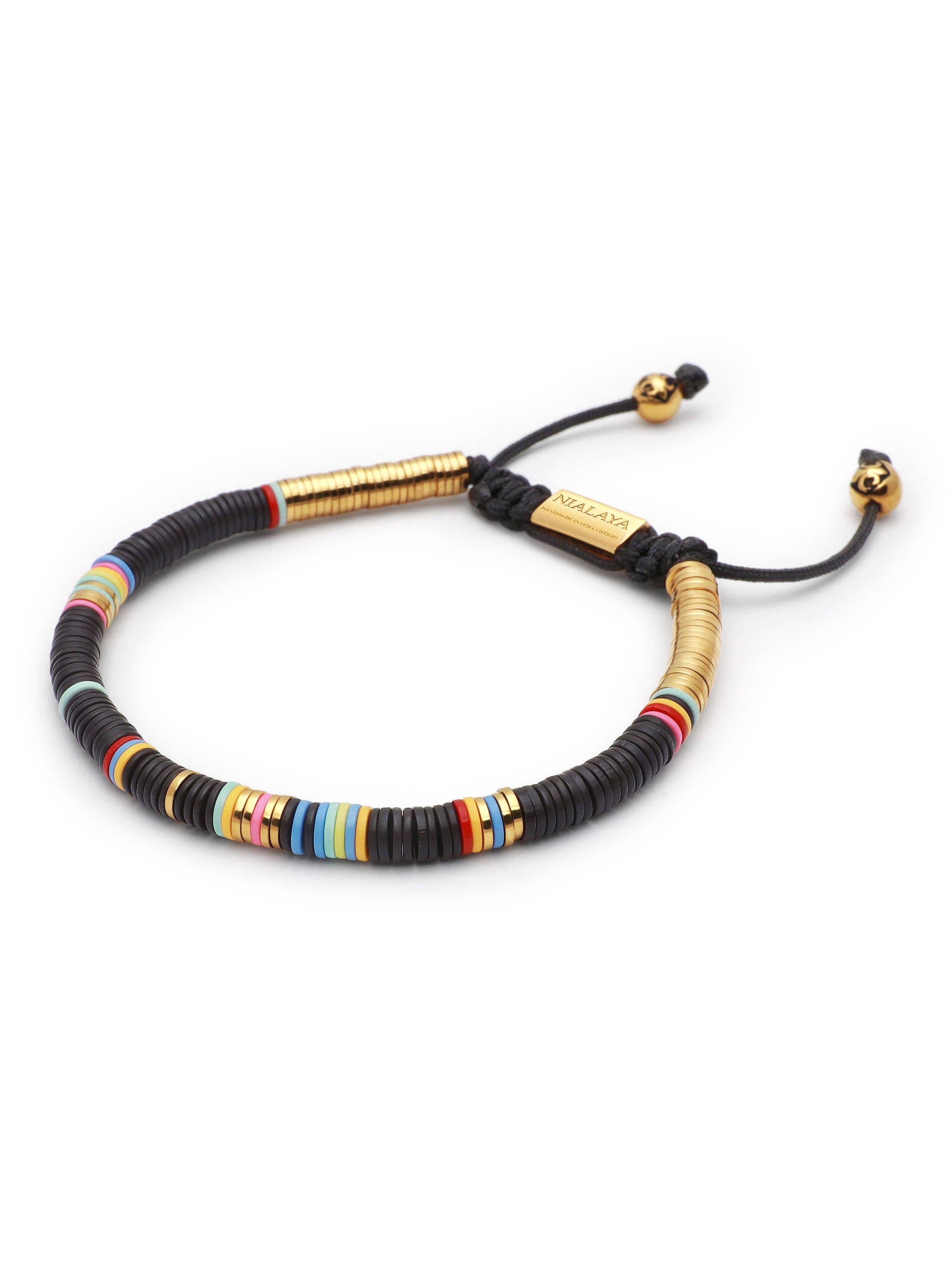 Nialaya Men's Beaded Bracelet Men's Beaded Bracelet with Black Disc Beads and Gold