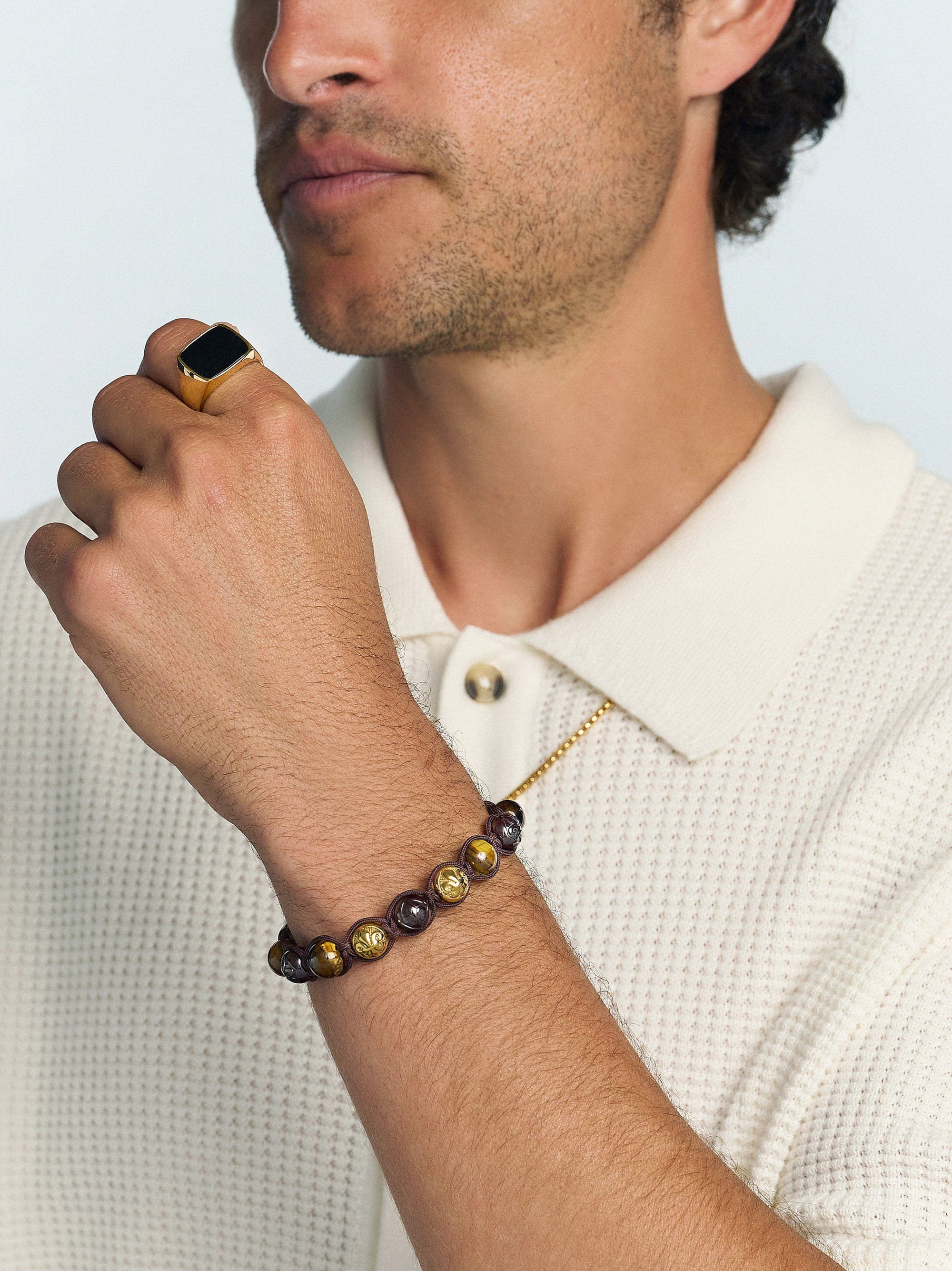 Nialaya Men's Beaded Bracelet Men's Beaded Bracelet with Burgundy Ceramic, Tiger Eye and Gold Balls Men's Beaded Bracelet with Burgundy Ceramic, Tiger Eye and Gold Balls