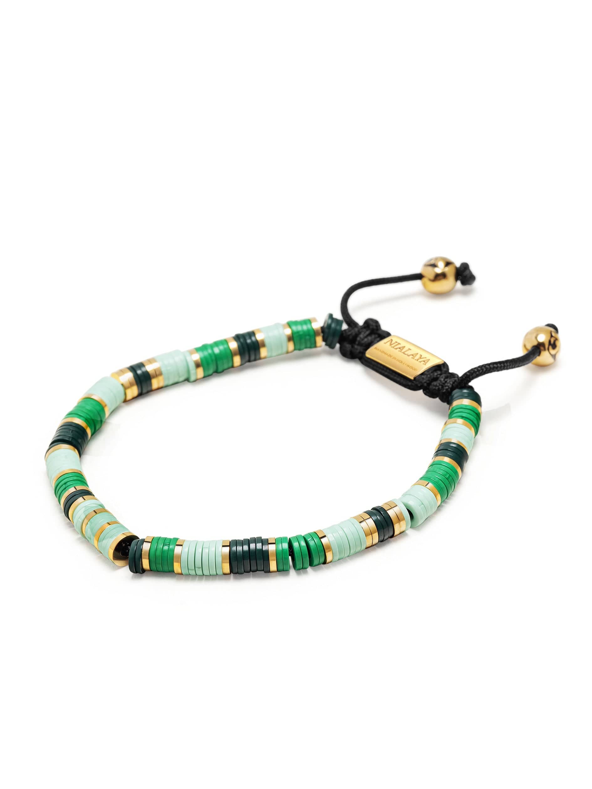 Nialaya Men's Beaded Bracelet Men's Beaded Bracelet with Green and Gold Disc Beads