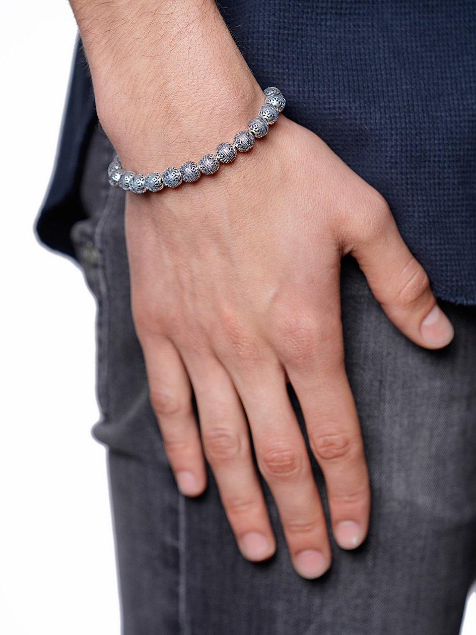 Nialaya Men's Beaded Bracelet Men's Beaded Bracelet with Indian Silver Cairo Beads