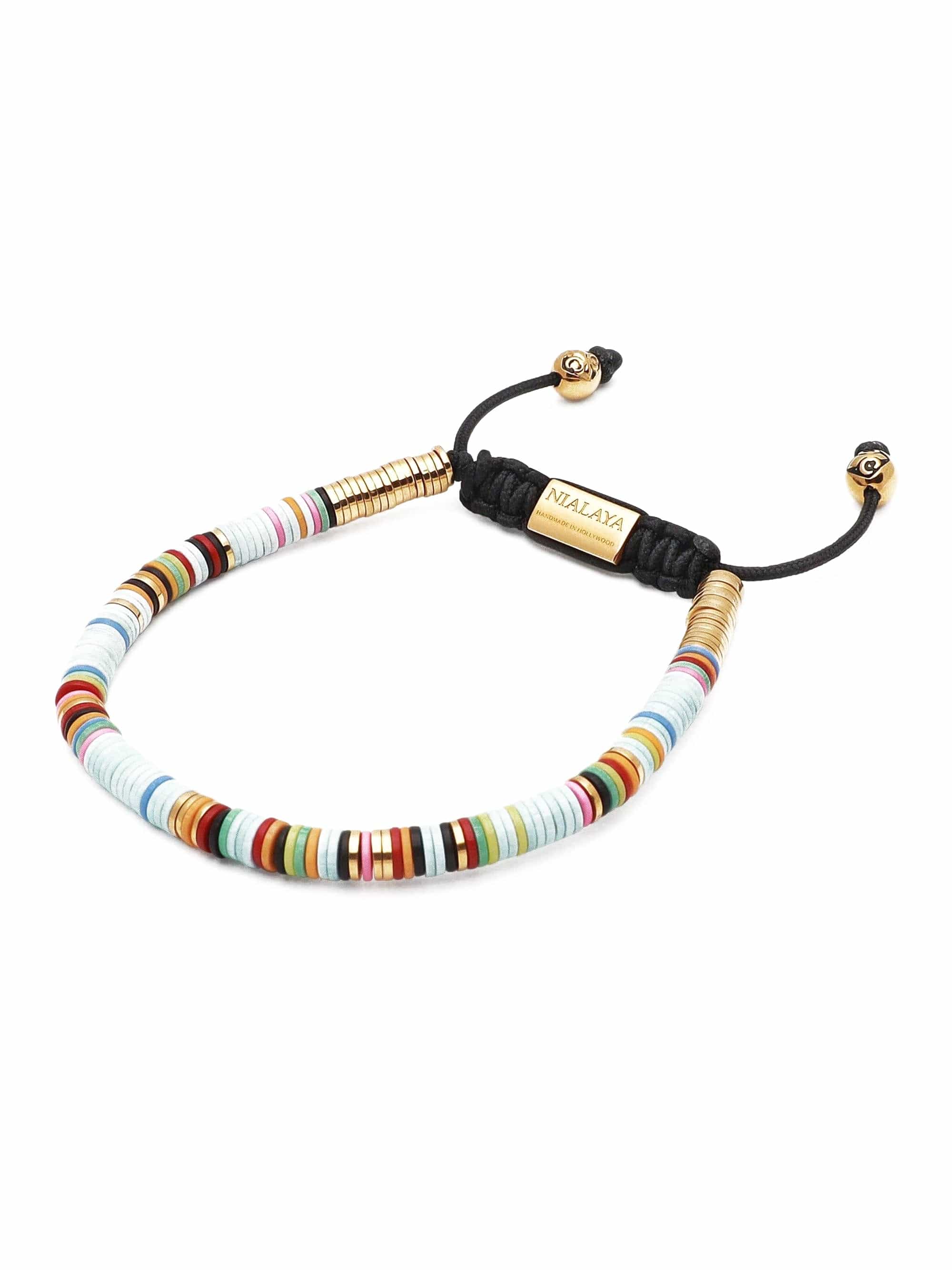 Nialaya Men's Beaded Bracelet Men's Beaded Bracelet with Light Blue Disc Beads and Gold Men's Beaded Bracelet with Light Blue Disc Beads and Gold