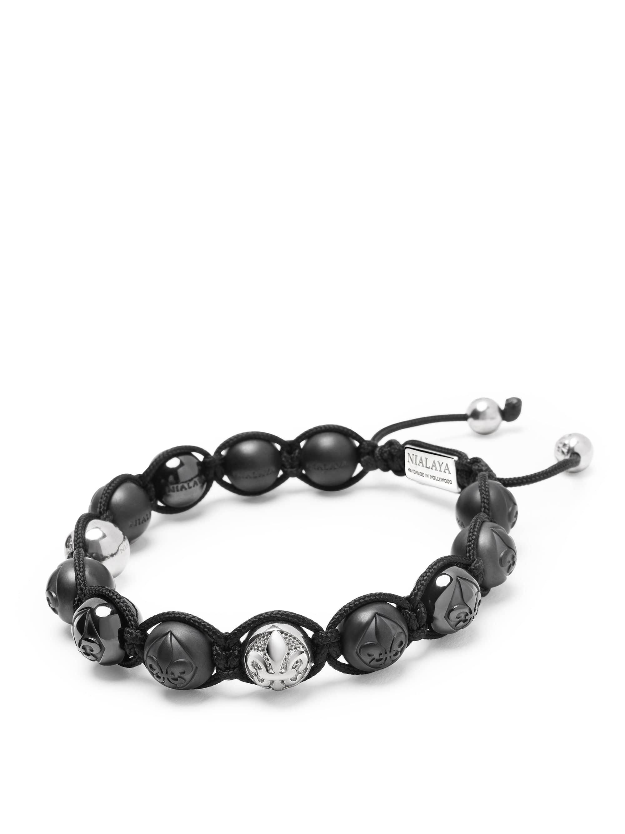 Nialaya Men's Beaded Bracelet Men's Beaded Bracelet with Matte Black, Glossy Black Ceramic & Silver Beads Men's Beaded Bracelet with Matte Black, Glossy Black Ceramic & Silver Beads