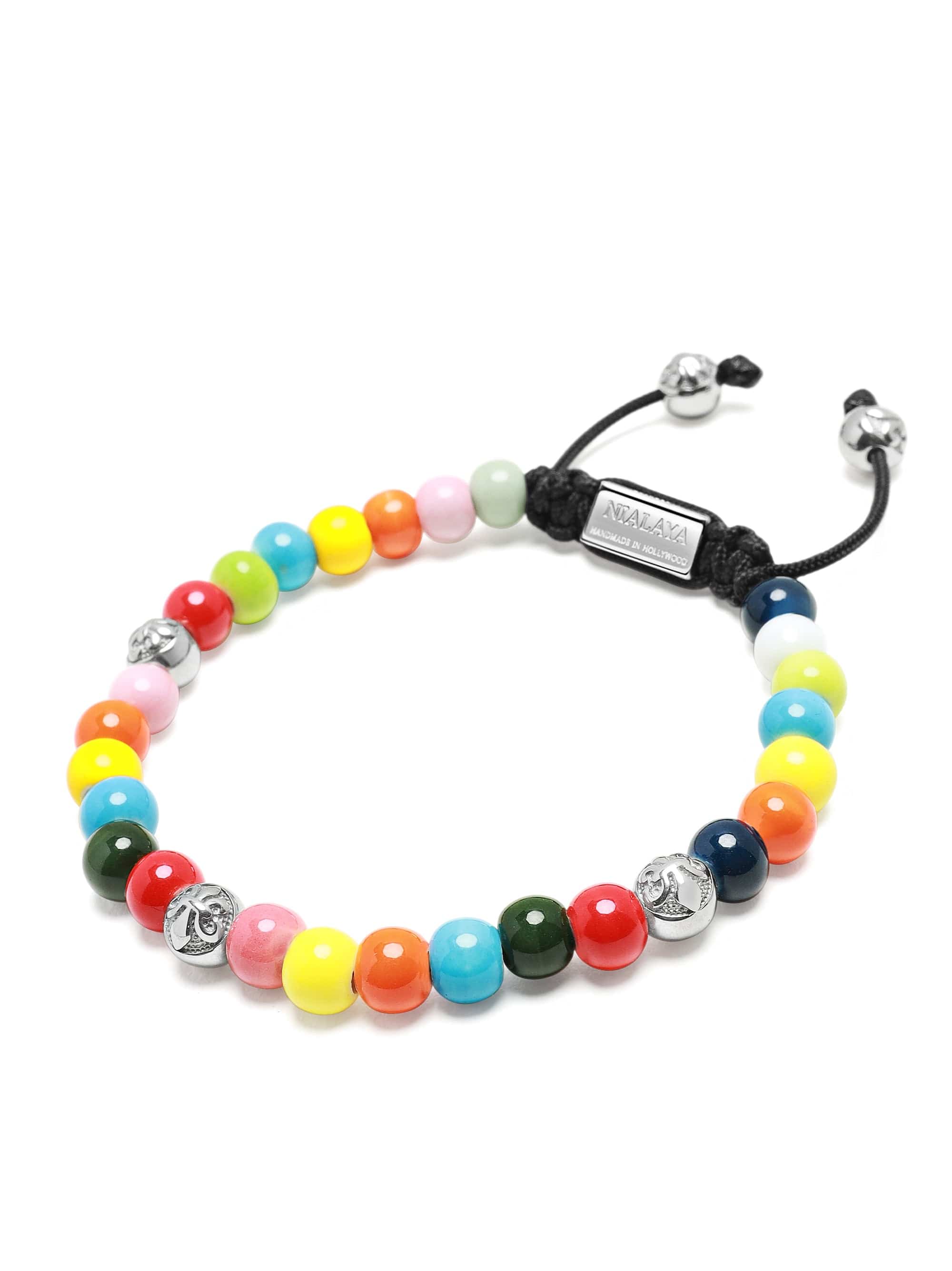 Nialaya Men's Beaded Bracelet Men's Beaded Bracelet with Multicolored Glass and Silver