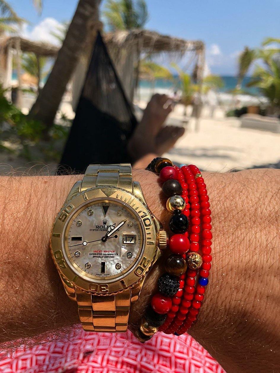 Nialaya Men's Beaded Bracelet Men's Beaded Bracelet with  Red Vintage Trifocal Beads, Brown Tiger Eye, Lava Stone, Agate and Ebony