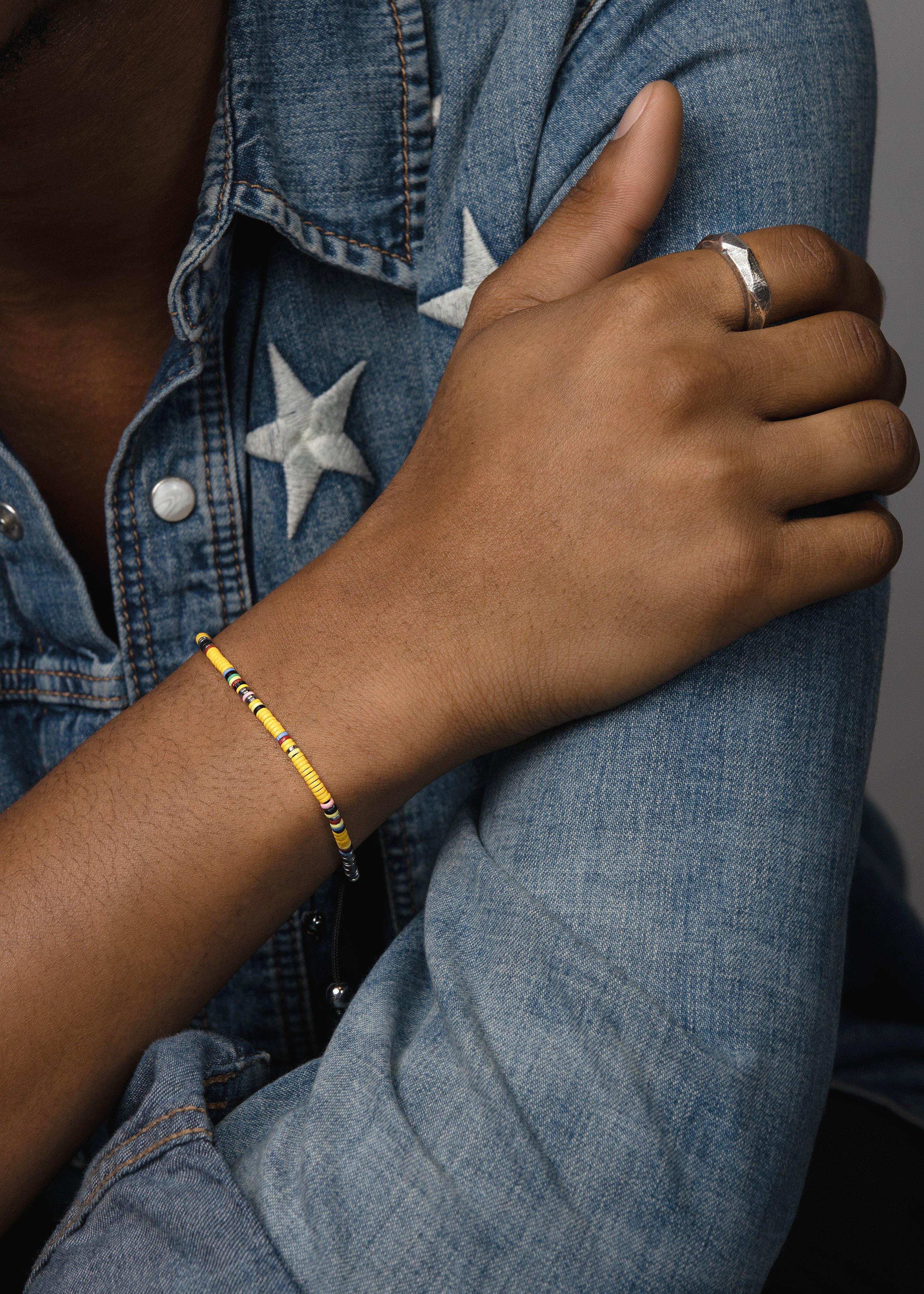 Nialaya Men's Beaded Bracelet Men's Beaded Bracelet with Yellow Mini Disc Beads
