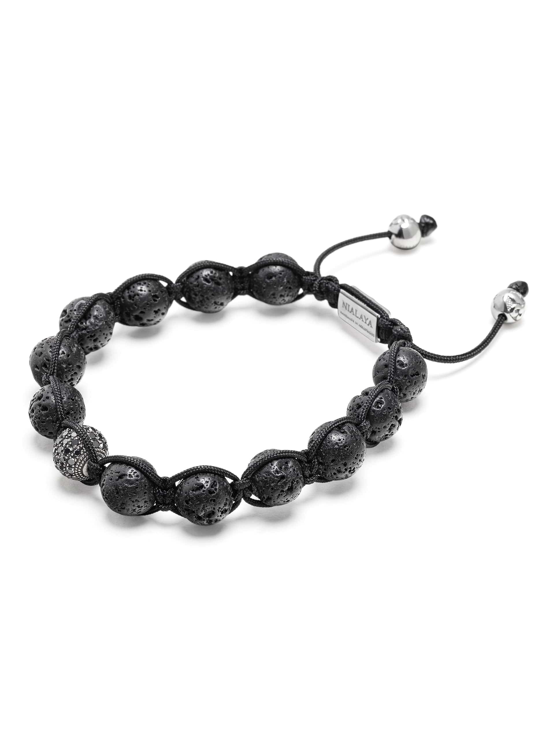 Nialaya Men's Beaded Bracelet Men's Black Diamond Beaded Bracelet with Lavastone and Sterling Silver
