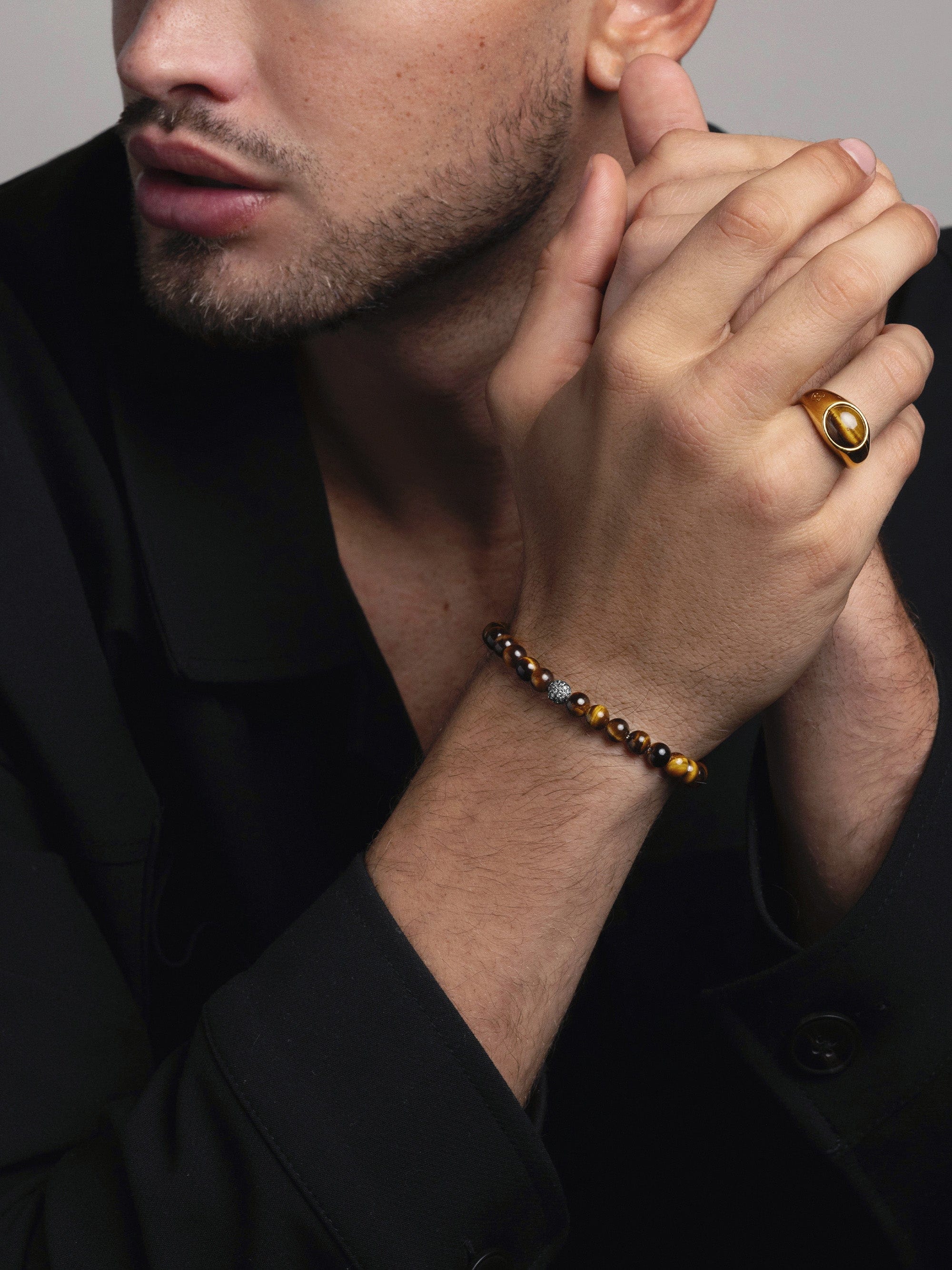 Nialaya Men's Beaded Bracelet Men's Black Diamond Wristband with Brown Tiger Eye Men's Black Diamond Wristband with Brown Tiger Eye