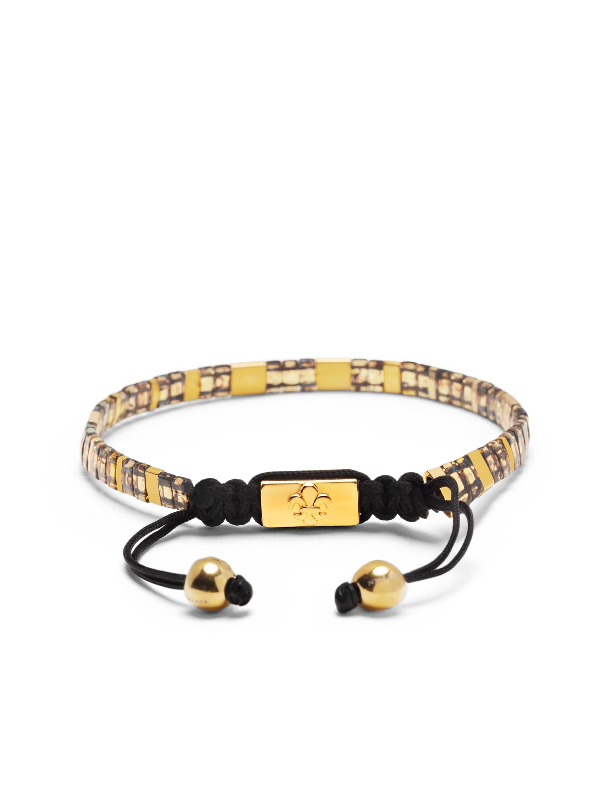 Nialaya Men's Beaded Bracelet Men's Bracelet with Marbled Amber and Gold Miyuki Tila Beads