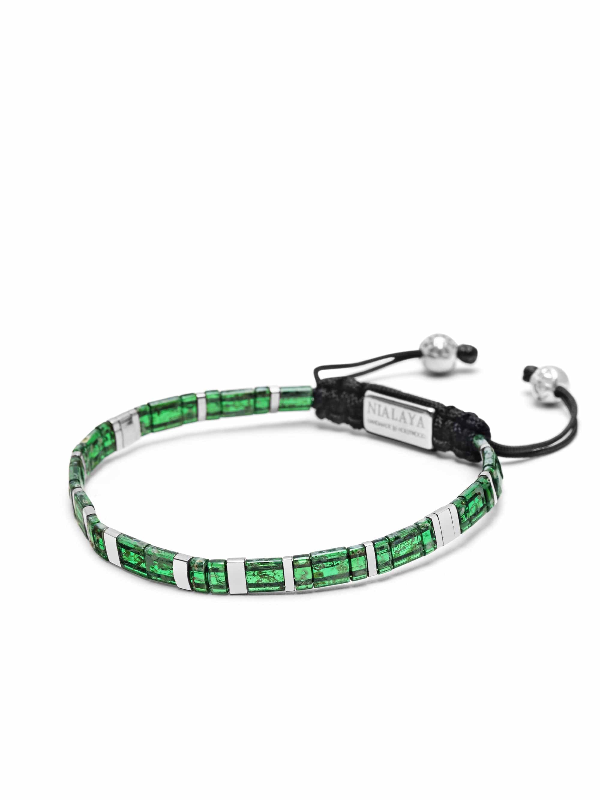 Nialaya Men's Beaded Bracelet Men's Bracelet with Marbled Green and Silver Miyuki Tila Beads