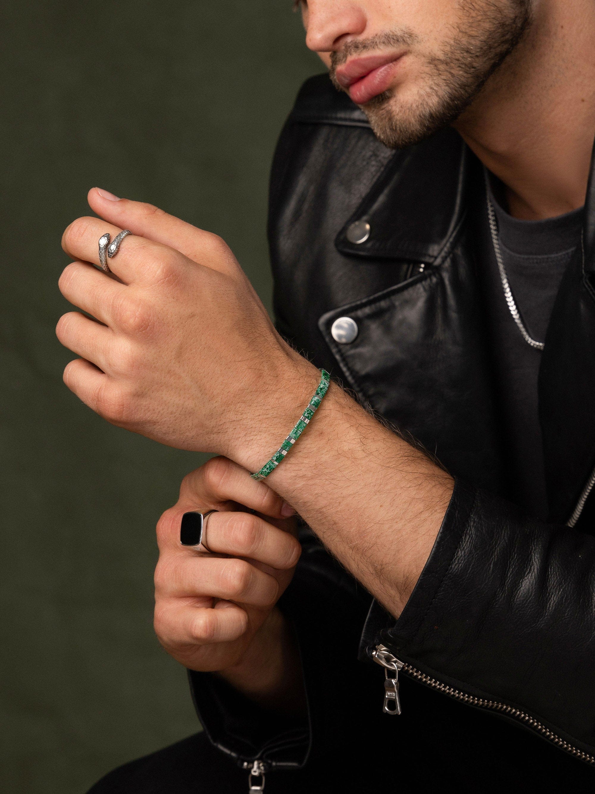 Nialaya Men's Beaded Bracelet Men's Bracelet with Marbled Green and Silver Miyuki Tila Beads