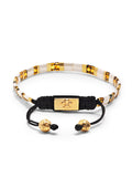 Nialaya Men's Beaded Bracelet Men's Bracelet with White, Marbled Amber and Gold Miyuki Tila Beads
