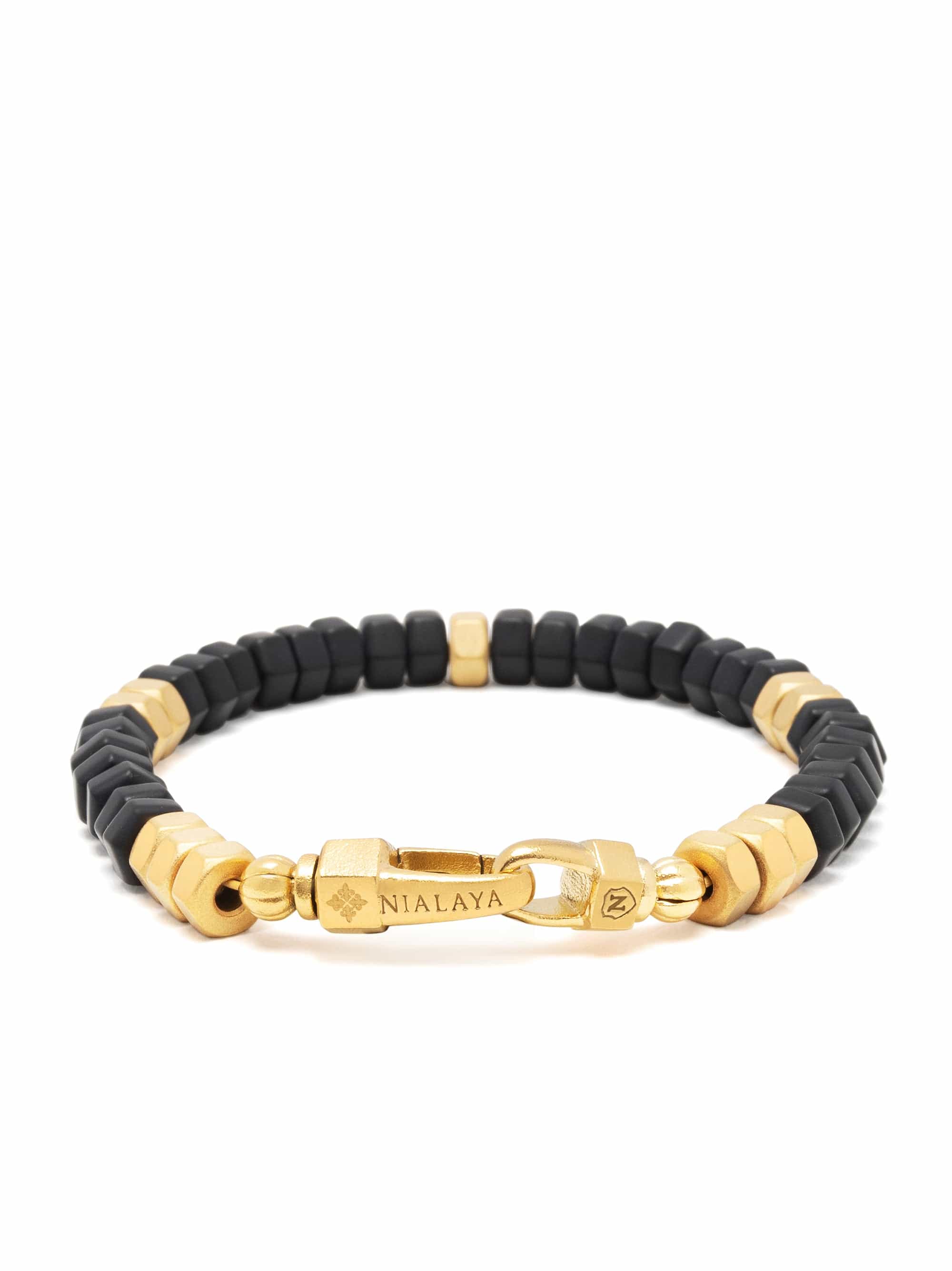 Nialaya Men's Beaded Bracelet Men's Hexagon Beaded Bracelet with Black Onyx and Gold Men's Hexagon Beaded Bracelet with Black Onyx and Gold