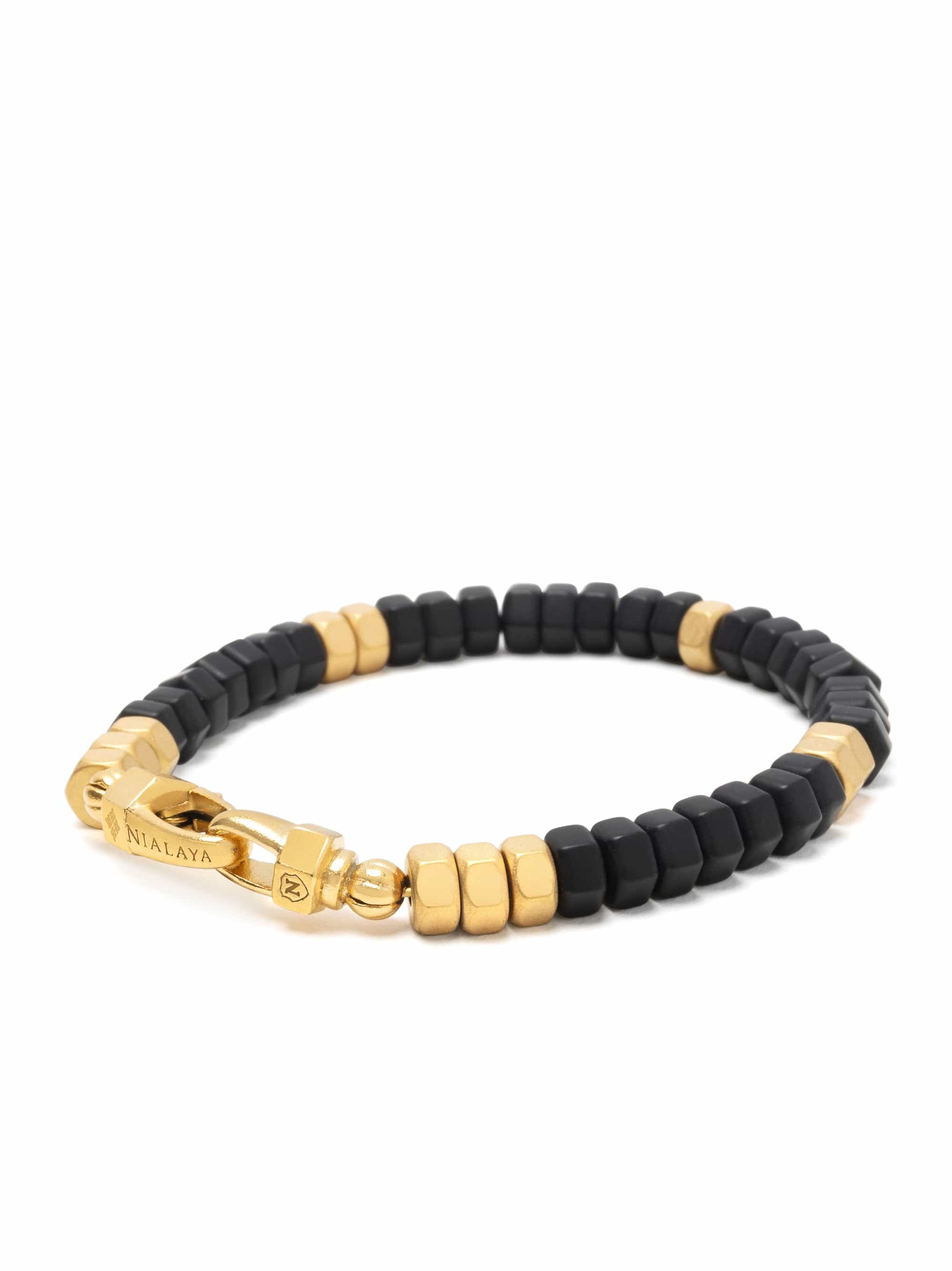 Nialaya Men's Beaded Bracelet Men's Hexagon Beaded Bracelet with Black Onyx and Gold Men's Hexagon Beaded Bracelet with Black Onyx and Gold