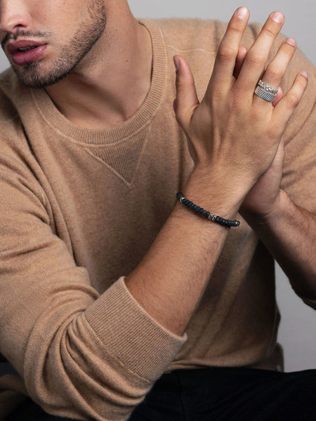 Men's Hexagon Beaded Bracelet with Black Onyx and Silver – Nialaya