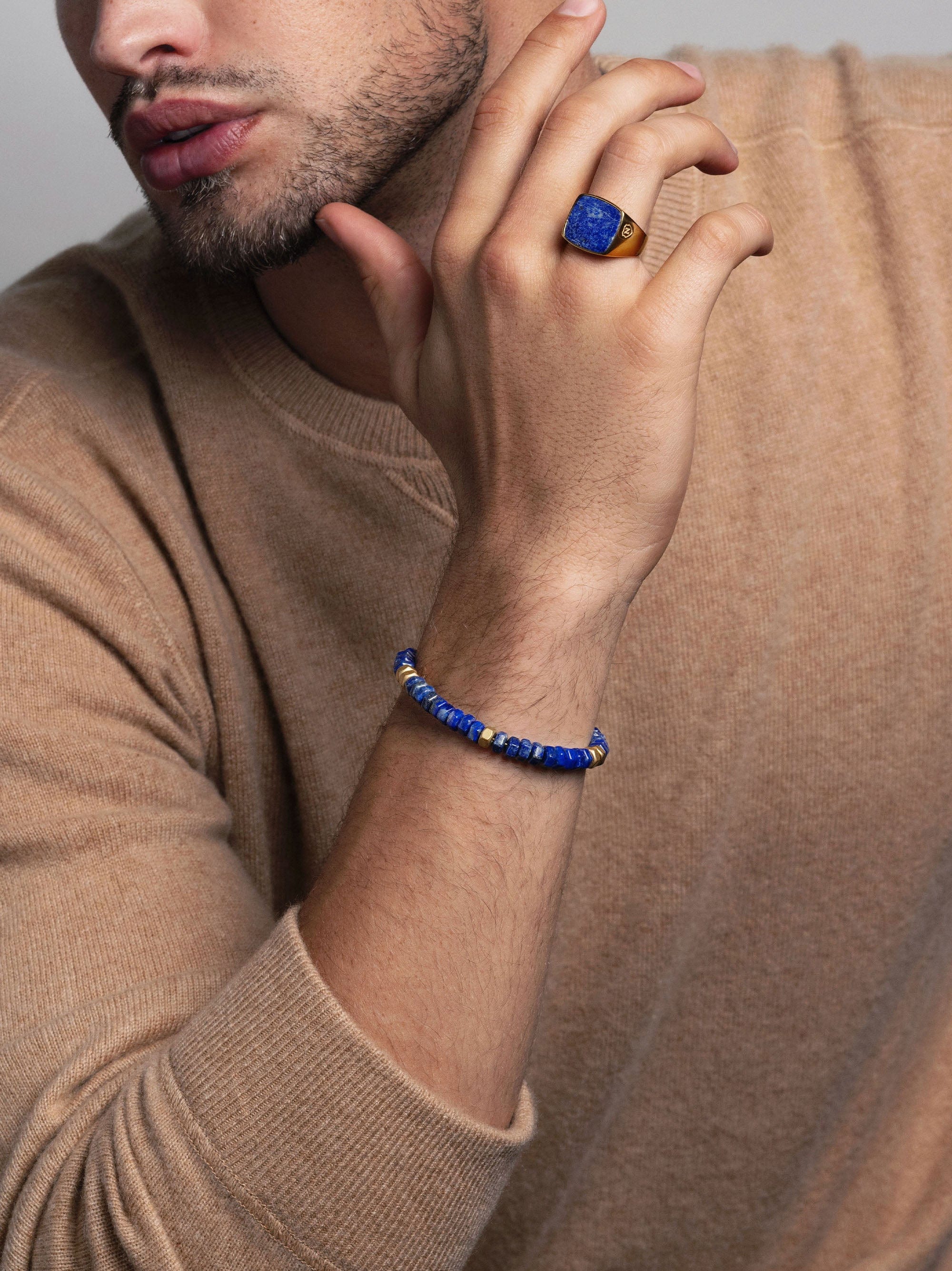 Nialaya Men's Beaded Bracelet Men's Hexagon Beaded Bracelet with Blue Lapis and Gold