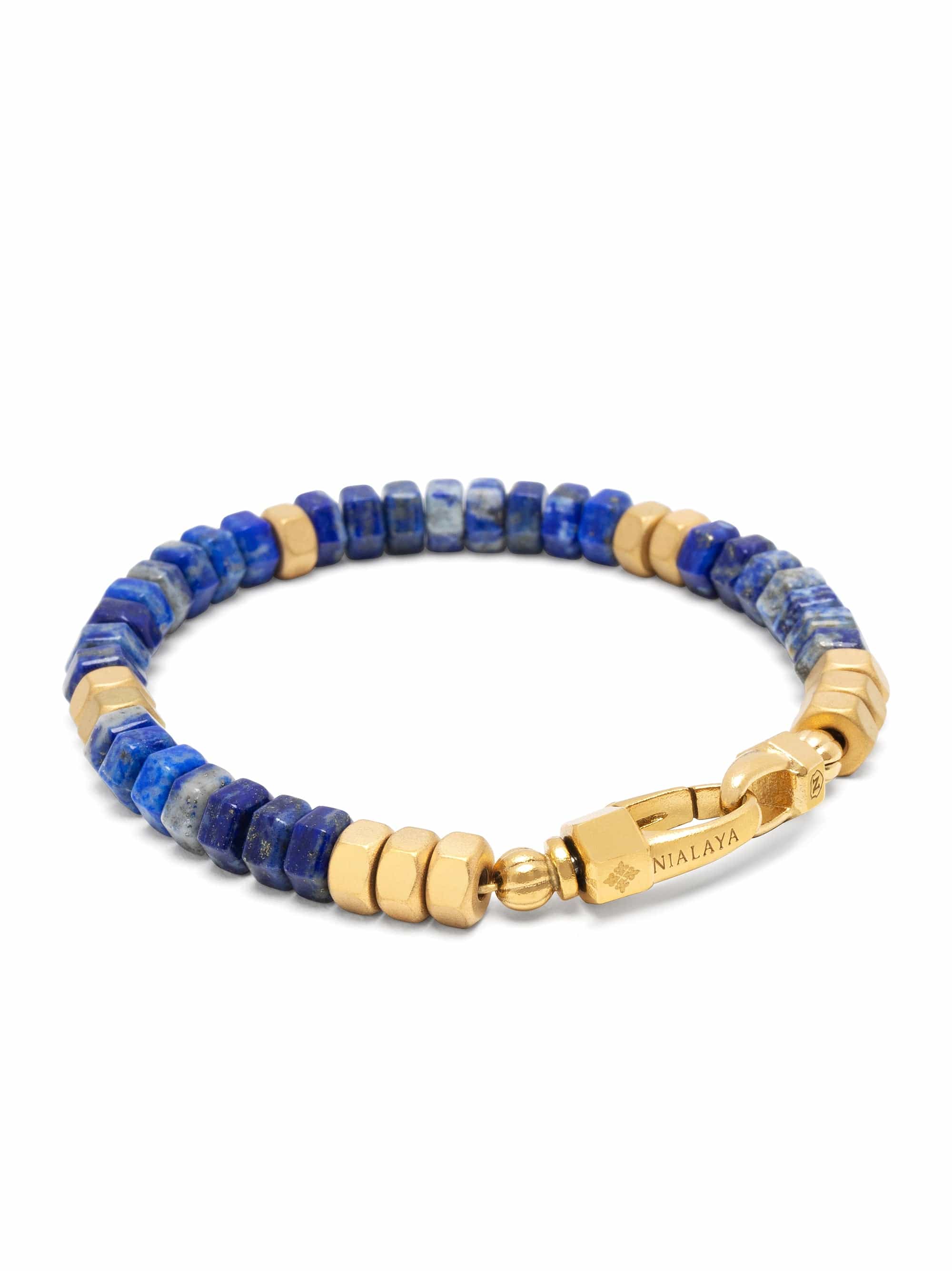Nialaya Men's Beaded Bracelet Men's Hexagon Beaded Bracelet with Blue Lapis and Gold Men's Hexagon Beaded Bracelet with Blue Lapis and Gold