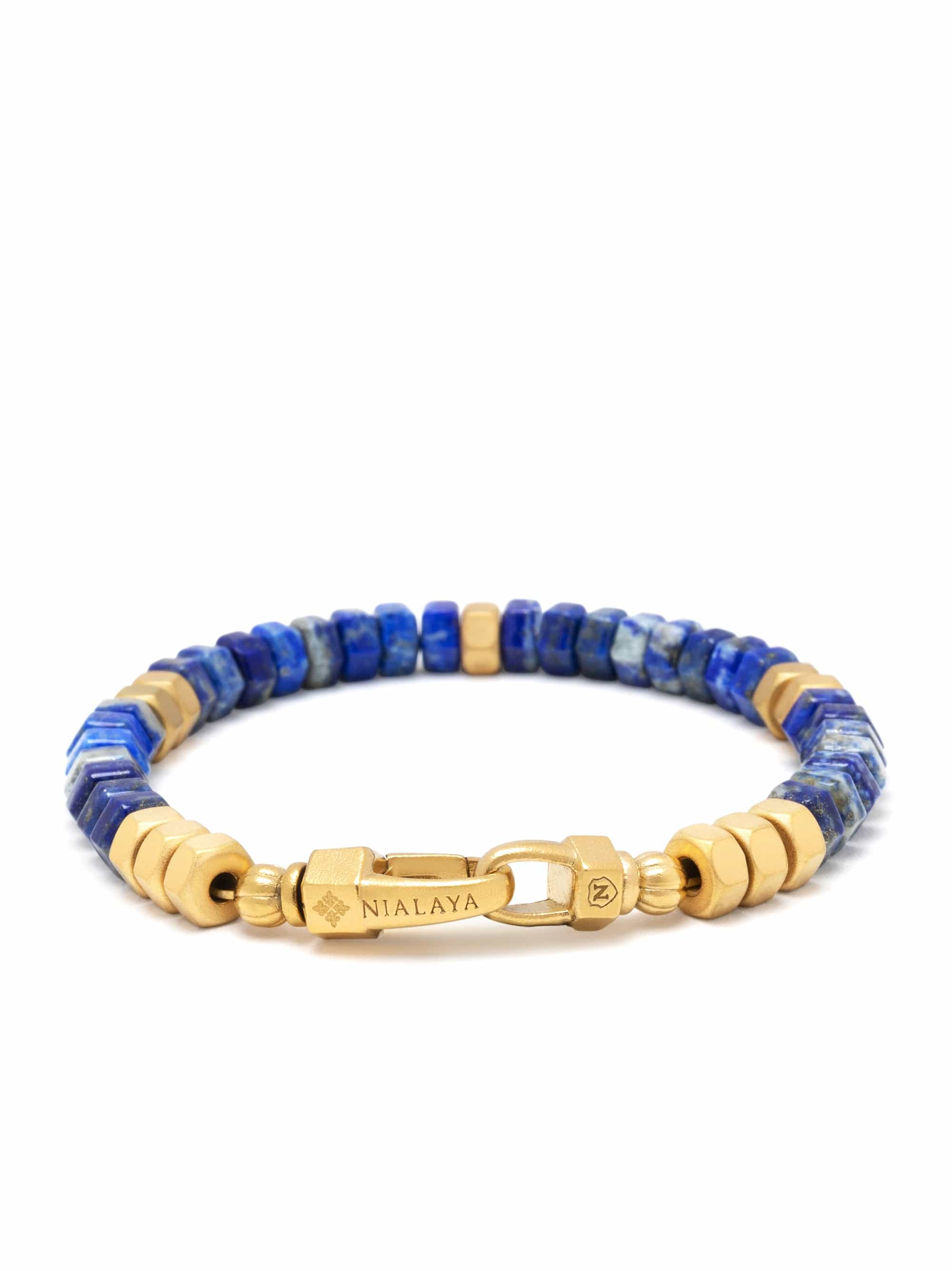 Nialaya Men's Beaded Bracelet Men's Hexagon Beaded Bracelet with Blue Lapis and Gold Men's Hexagon Beaded Bracelet with Blue Lapis and Gold