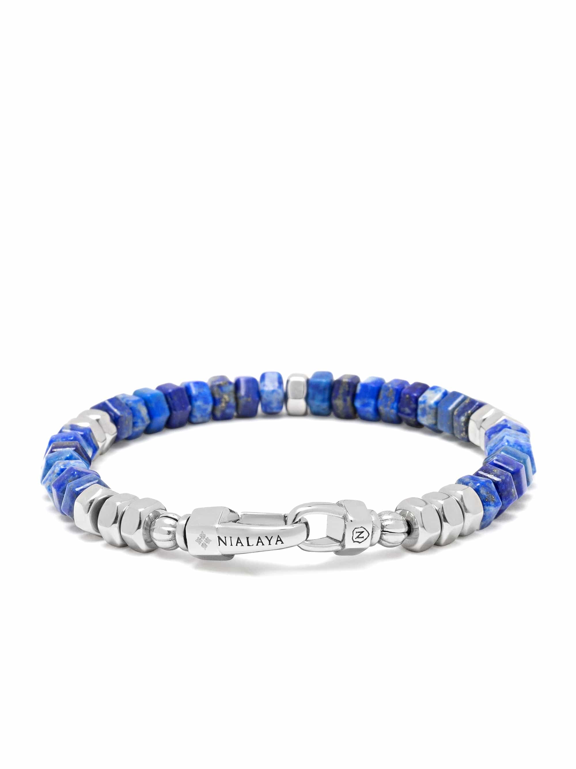 Nialaya Men's Beaded Bracelet Men's Hexagon Beaded Bracelet with Blue Lapis and Silver Men's Hexagon Beaded Bracelet with Blue Lapis and Silver