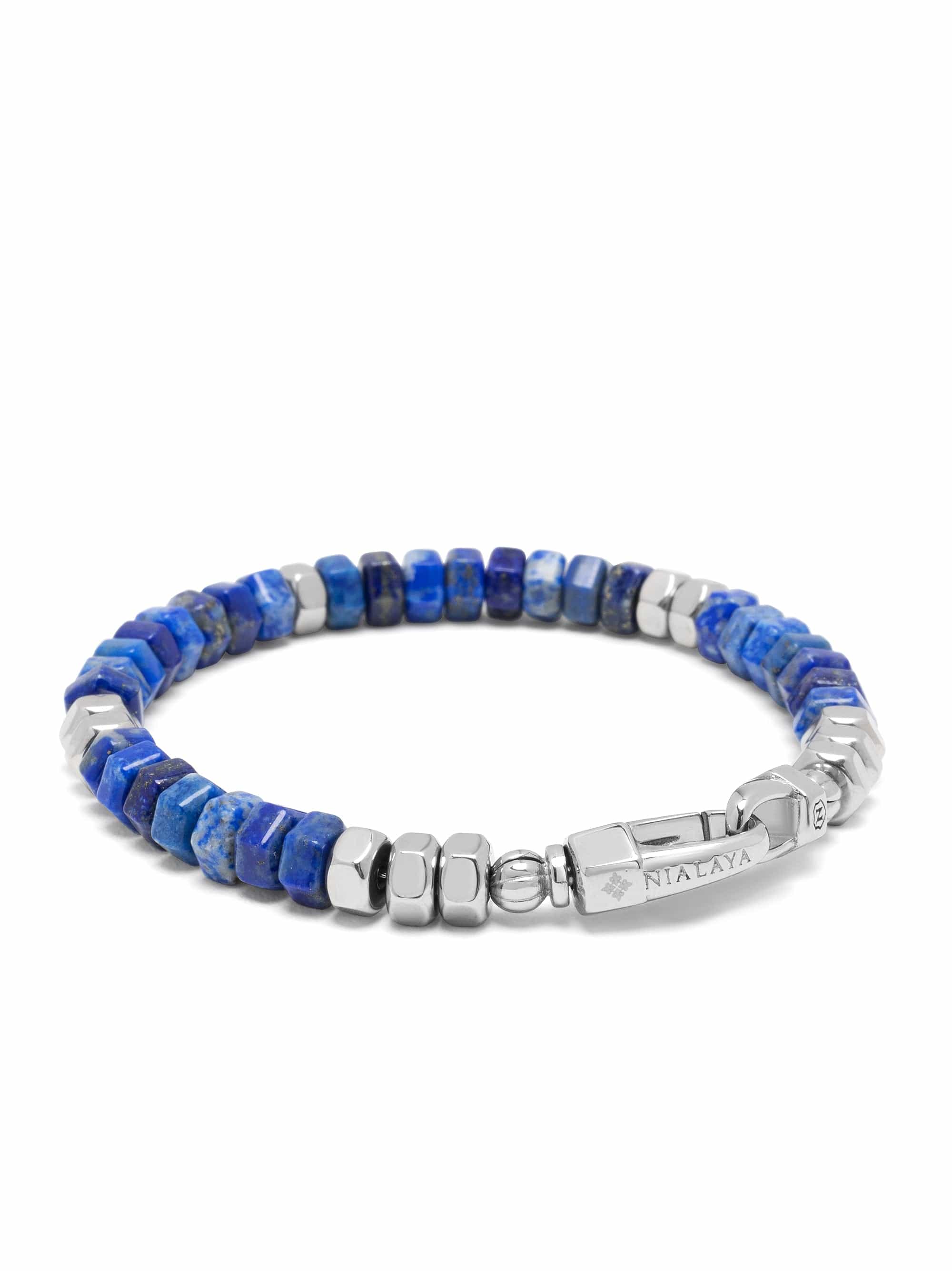 Nialaya Men's Beaded Bracelet Men's Hexagon Beaded Bracelet with Blue Lapis and Silver Men's Hexagon Beaded Bracelet with Blue Lapis and Silver