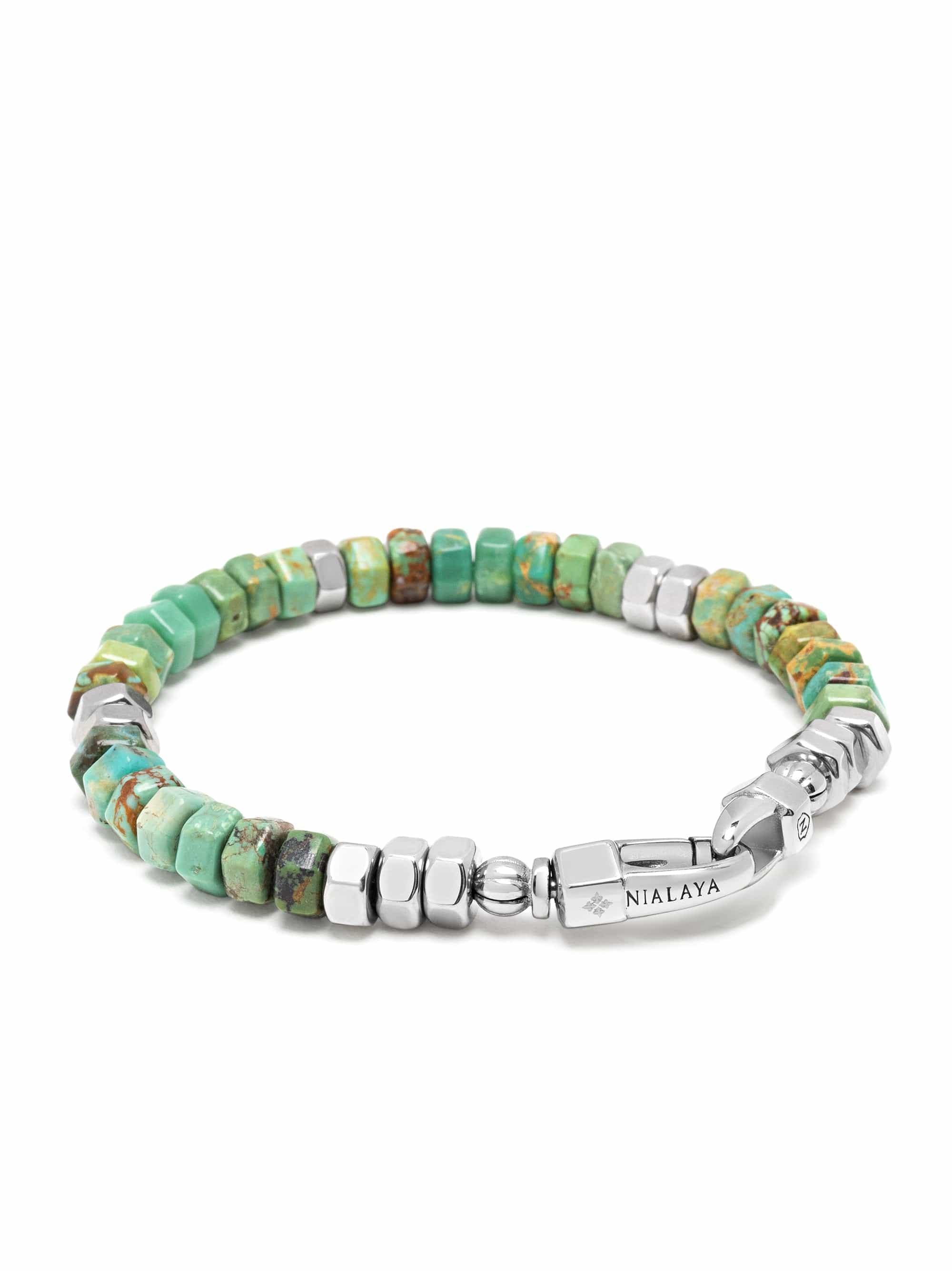 Nialaya Men's Beaded Bracelet Men's Hexagon Beaded Bracelet with Green Turquoise and Silver Men's Hexagon Beaded Bracelet with Green Turquoise and Silver