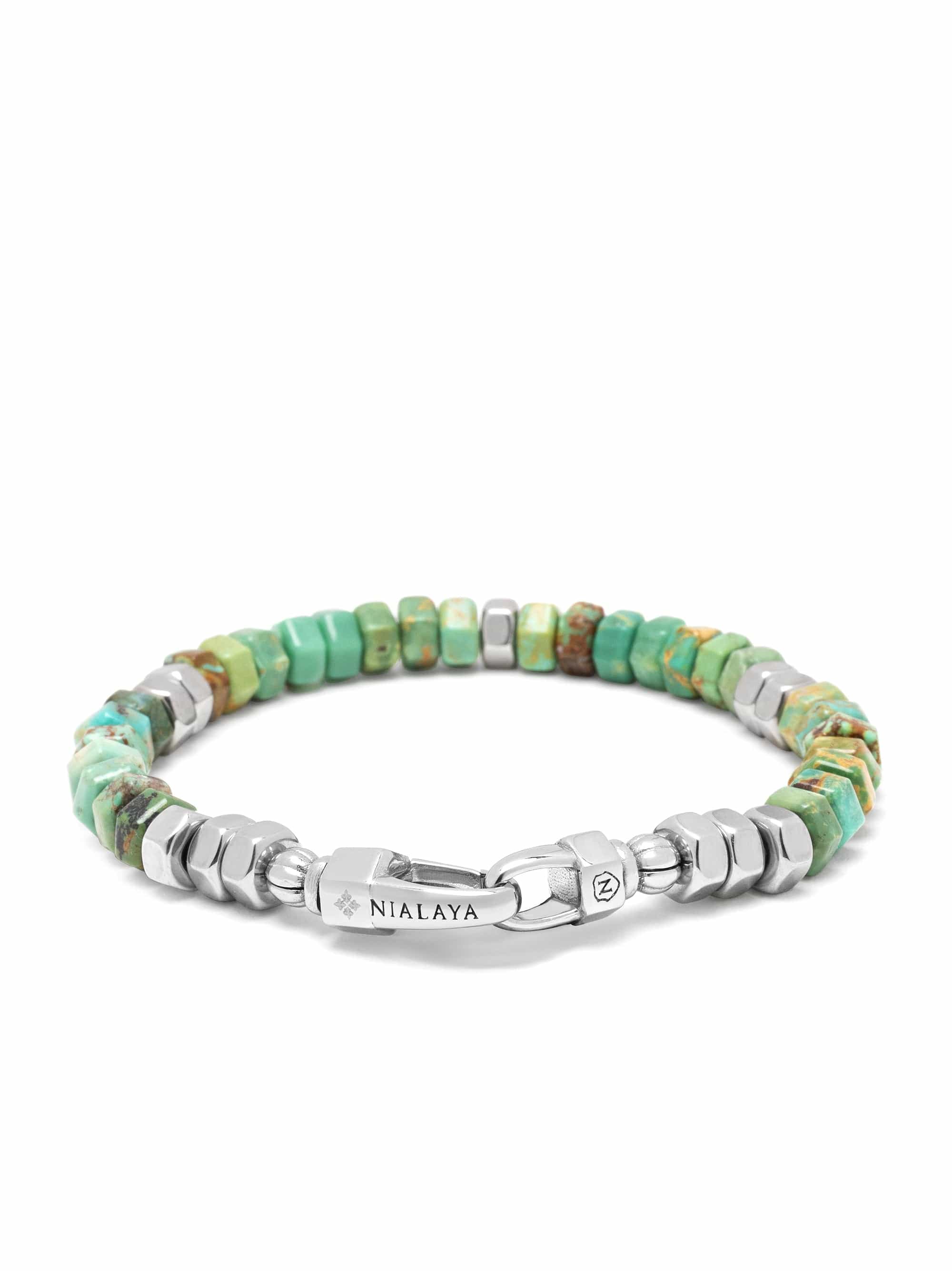 Nialaya Men's Beaded Bracelet Men's Hexagon Beaded Bracelet with Green Turquoise and Silver Men's Hexagon Beaded Bracelet with Green Turquoise and Silver