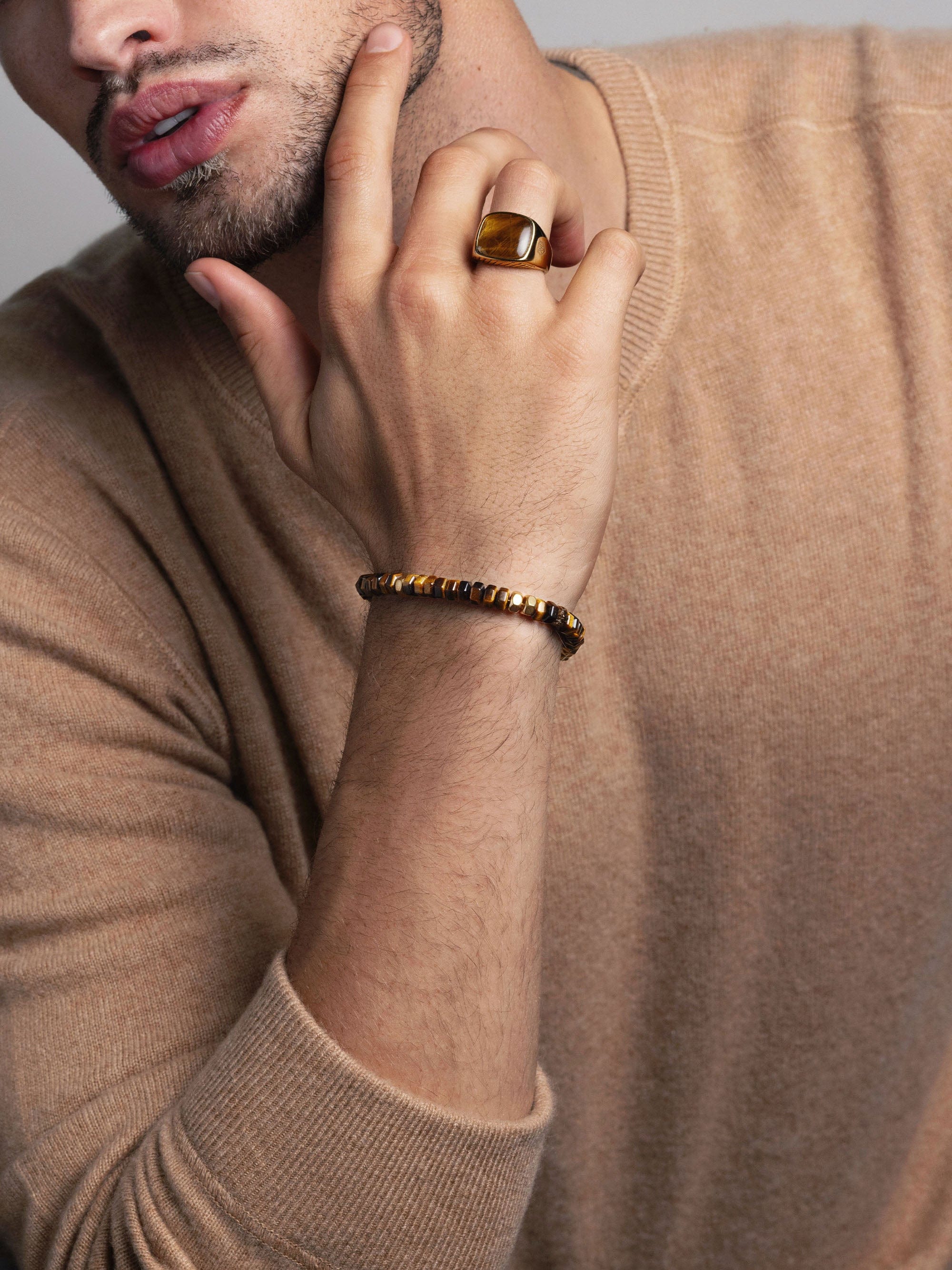 Nialaya Men's Beaded Bracelet Men's Hexagon Beaded Bracelet with Tiger Eye and Gold