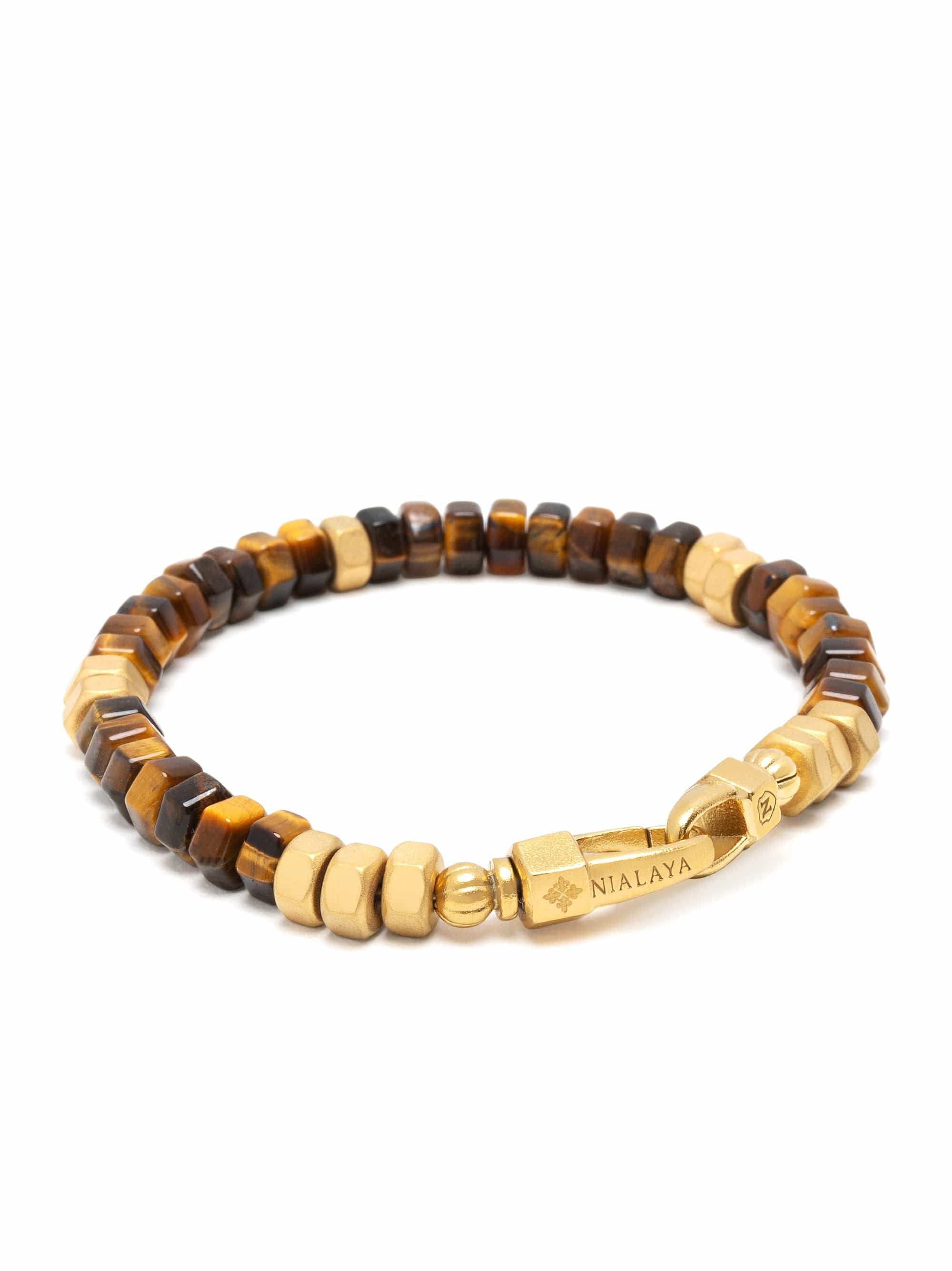 Nialaya Men's Beaded Bracelet Men's Hexagon Beaded Bracelet with Tiger Eye and Gold Men's Hexagon Beaded Bracelet with Tiger Eye and Gold
