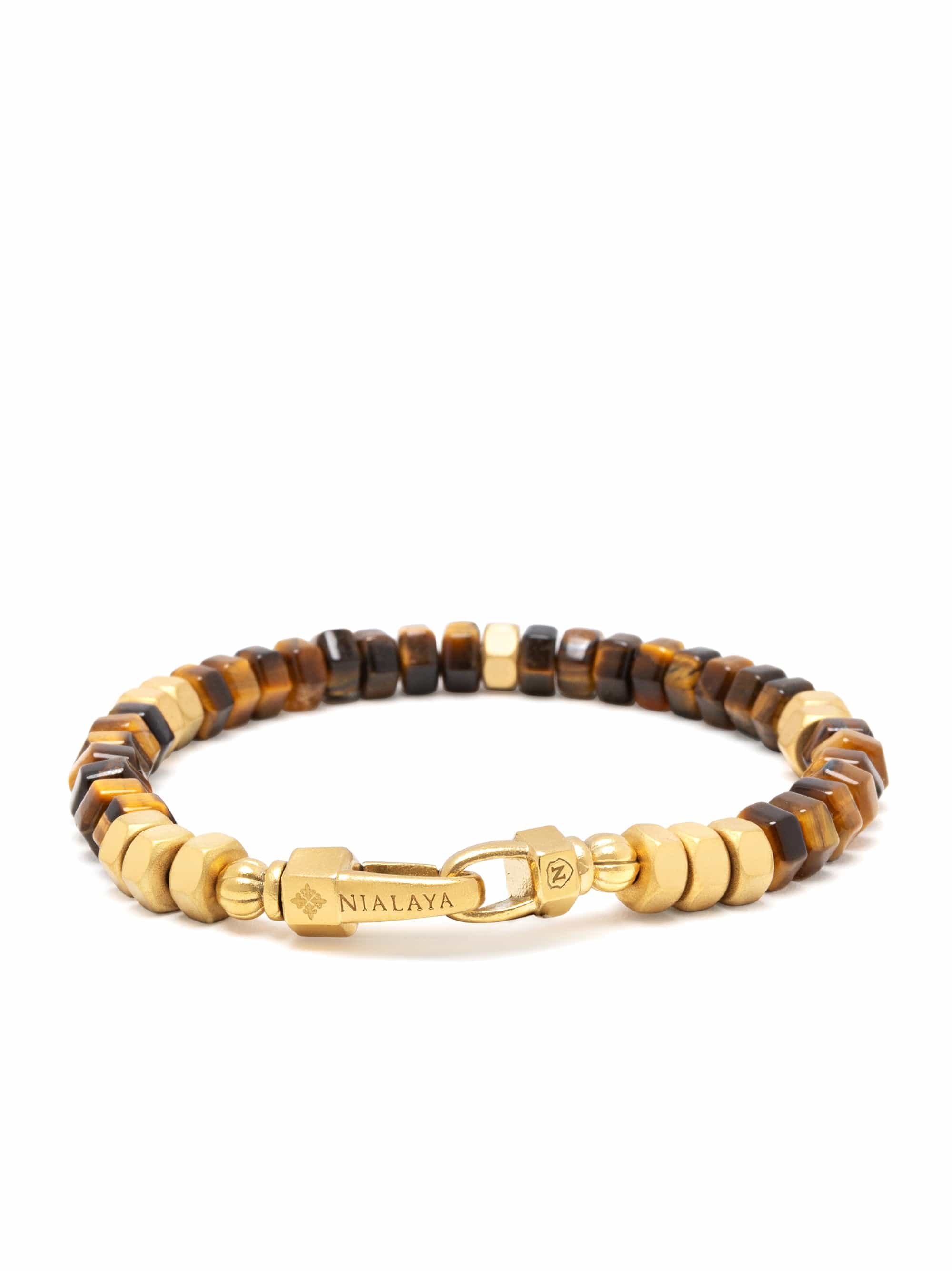 Nialaya Men's Beaded Bracelet Men's Hexagon Beaded Bracelet with Tiger Eye and Gold Men's Hexagon Beaded Bracelet with Tiger Eye and Gold