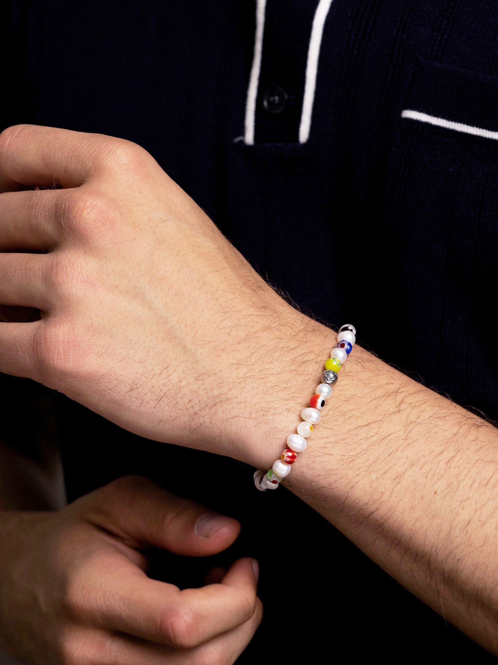 Nialaya Men's Beaded Bracelet Men's Pearl Wristband with Hand-Painted Glass Beads