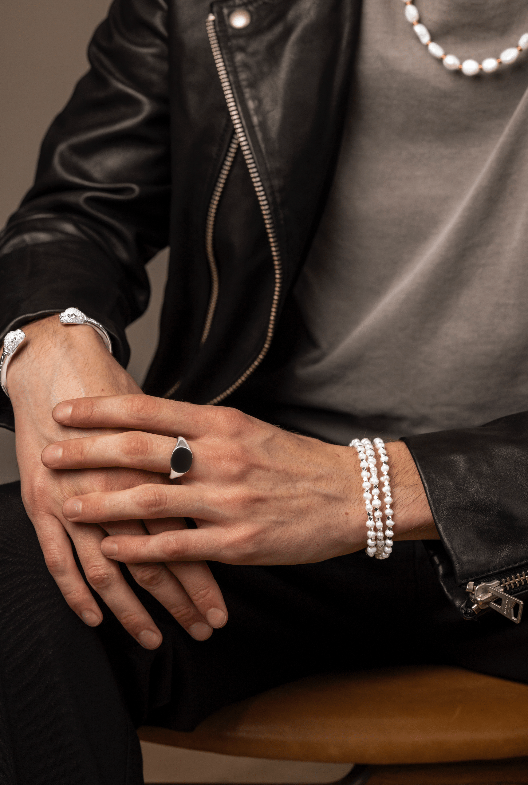 Nialaya Men's Beaded Bracelet Men's Silver Wrap-Around Bracelet with Pearls