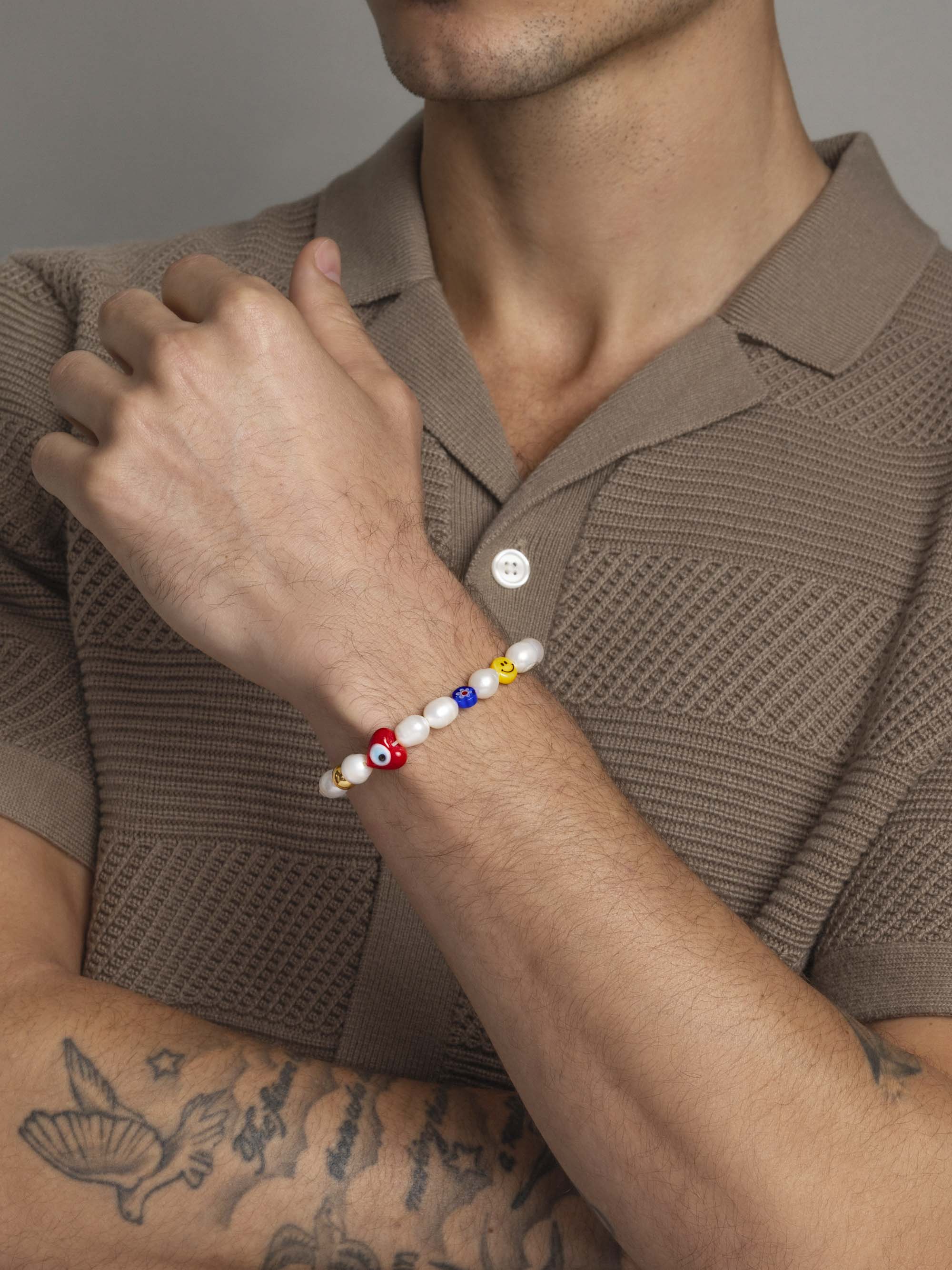 Nialaya Men's Beaded Bracelet Men's Smiley Face Pearl Bracelet