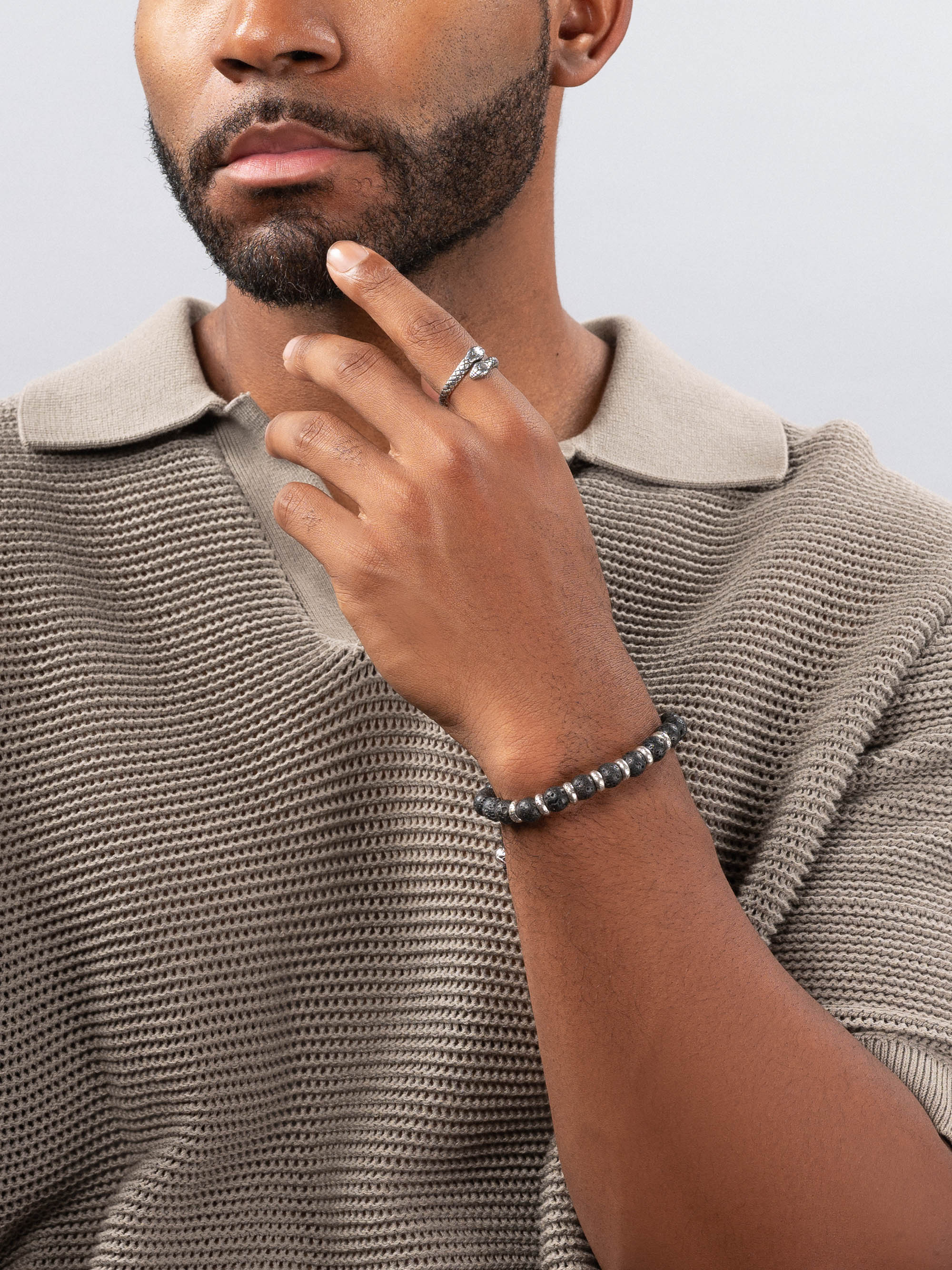 Nialaya Men's Beaded Bracelet Men's Sterling Silver Beaded Bracelet with Lava Stone Men's Sterling Silver Beaded Bracelet with Lava Stone